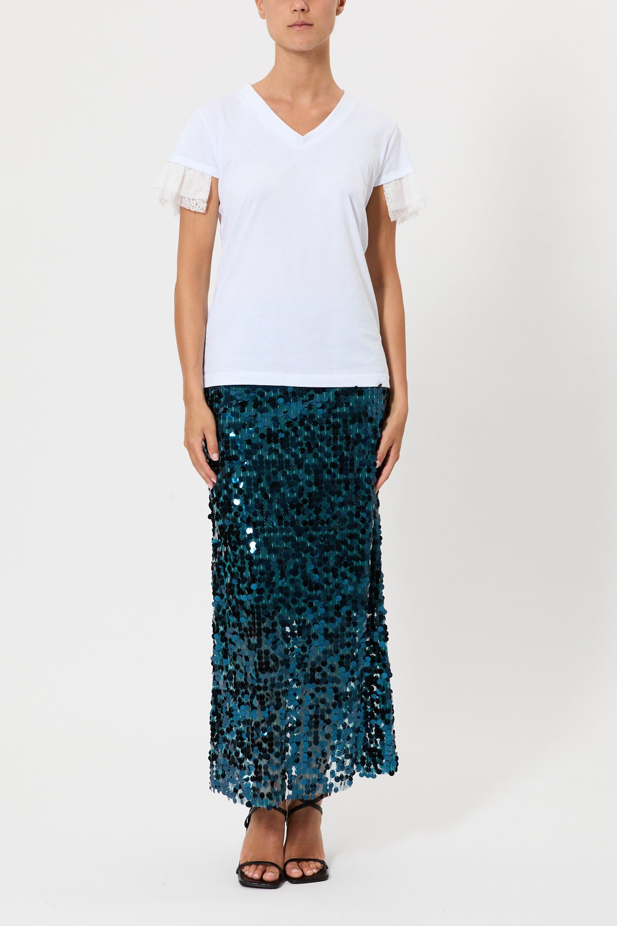 T-SHIRT SLIM SCOLLO A V MANICHE IN MUSSOLA E PIZZO