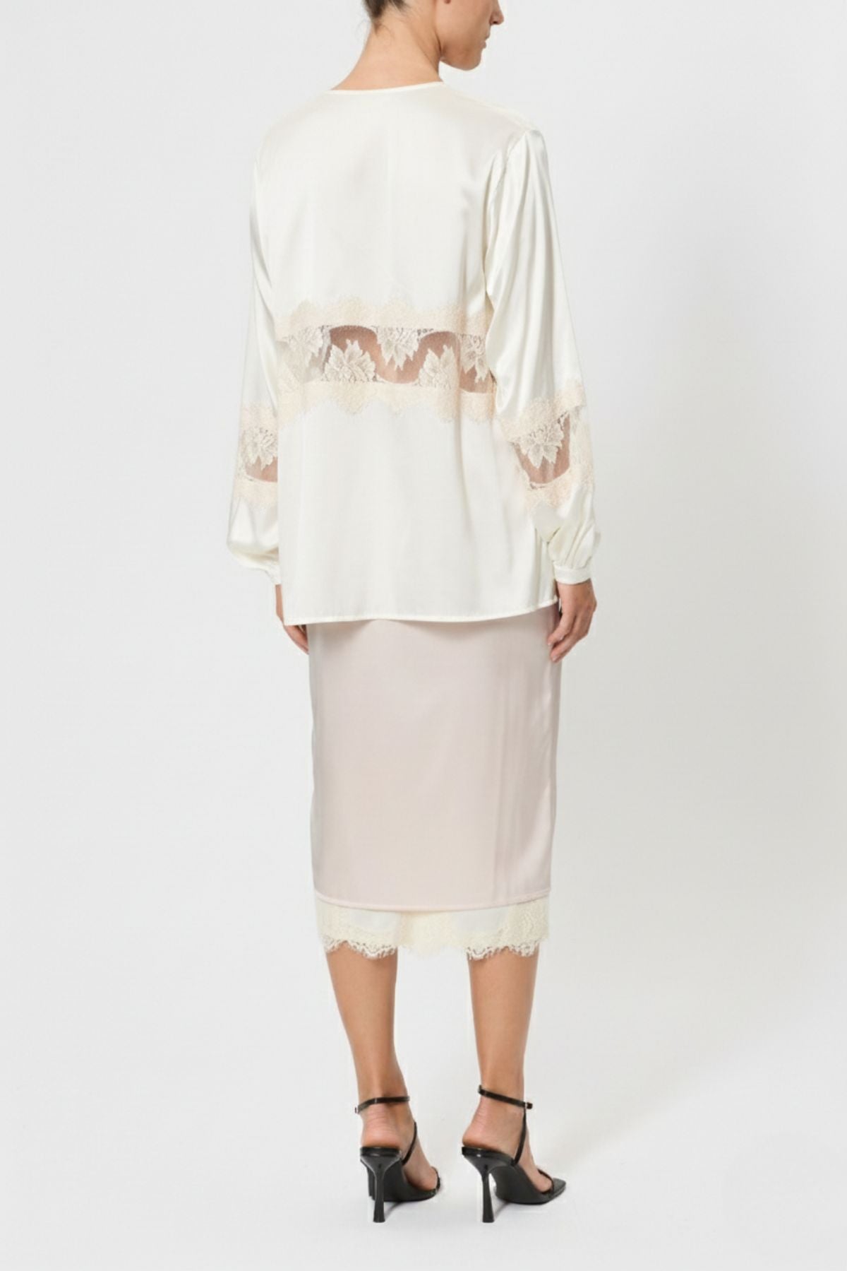 CREW NECK SILK SHIRT WITH LACE INSERTS