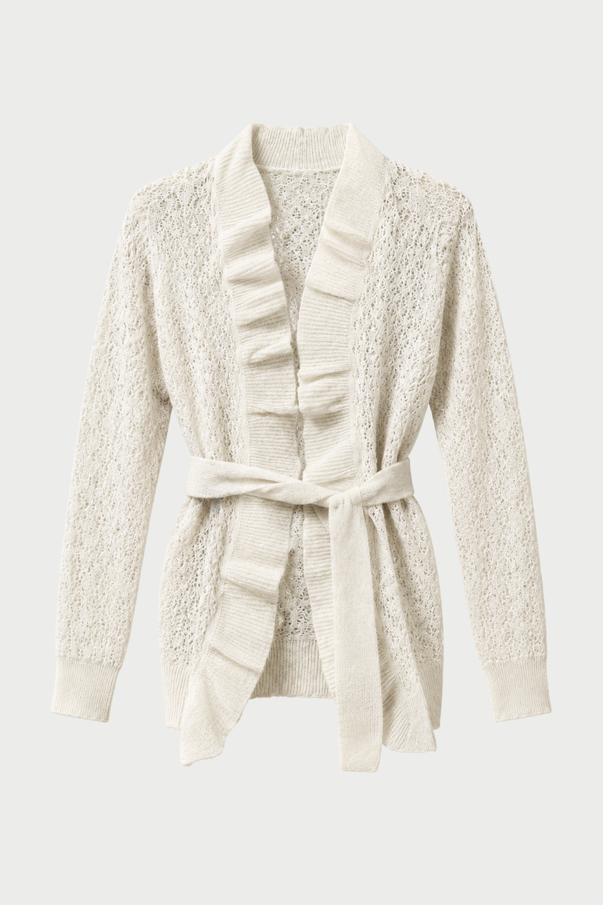CARDIGAN TRAFORATO CON ROUCHES E CINTURA