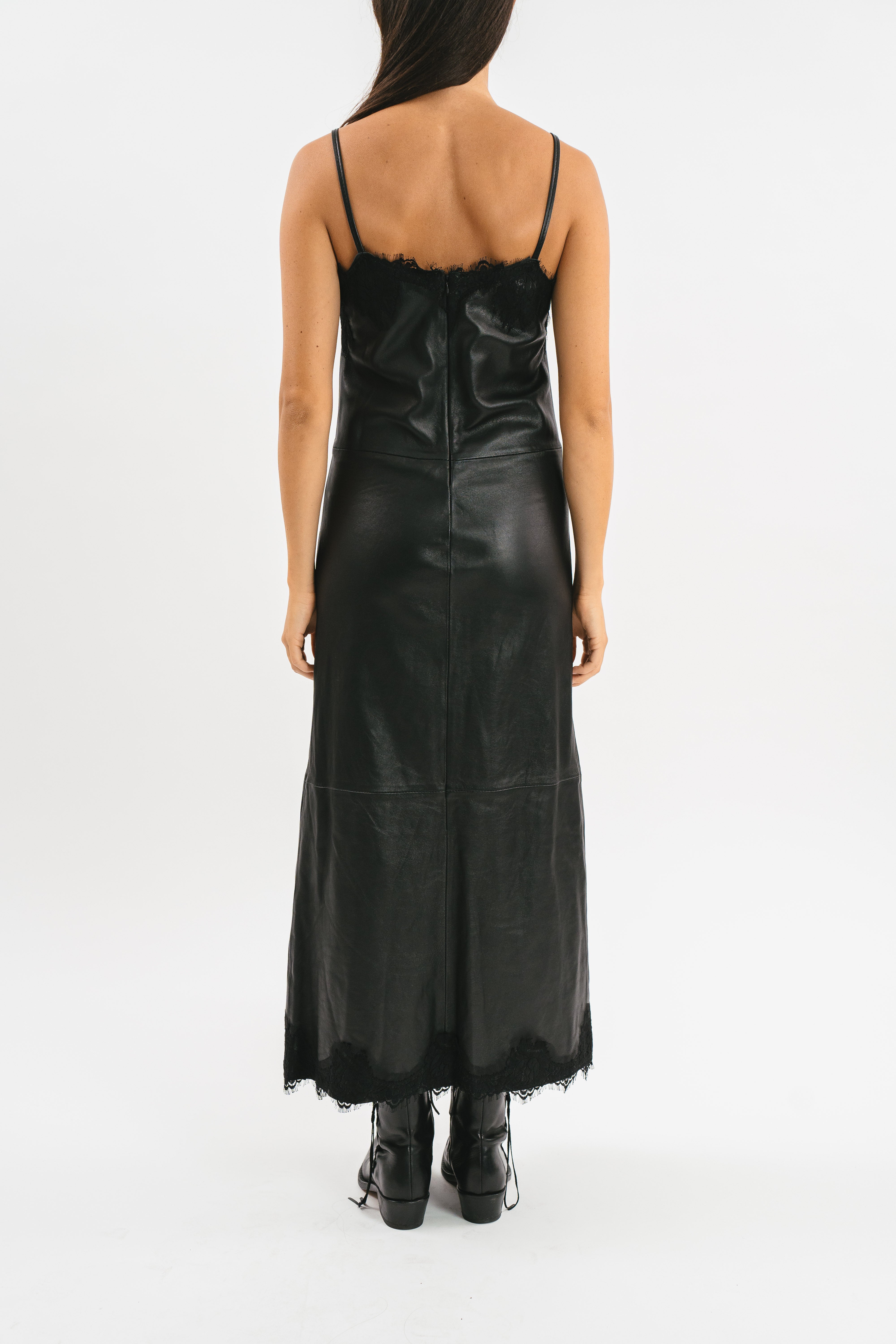 Slip dress nero in pelle con pizzo Posteriore