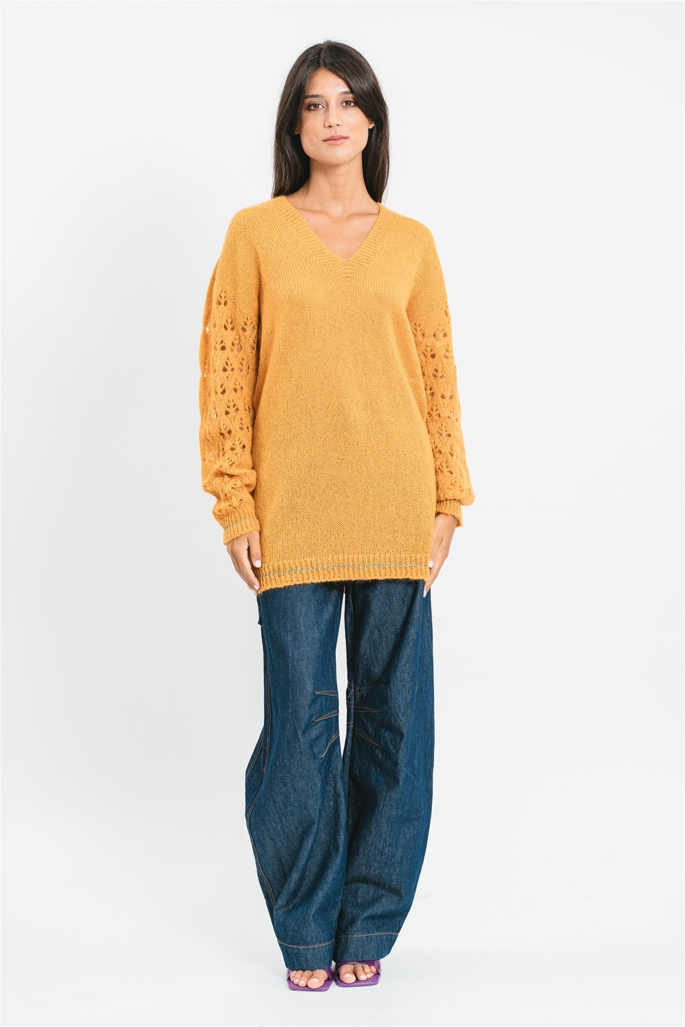 V-neck sweater with perforated sleeves