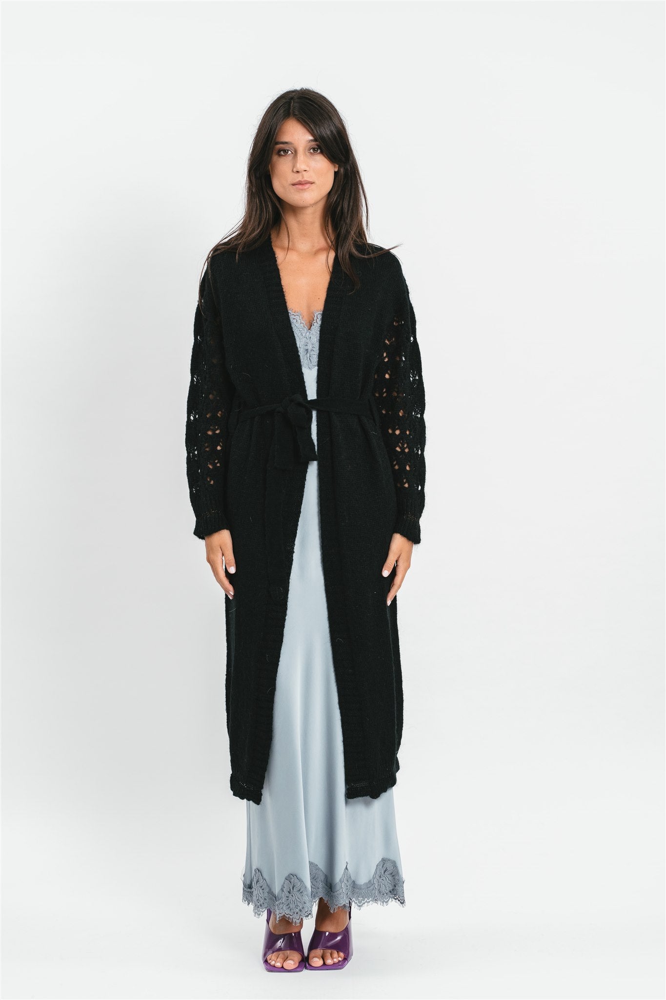 Long cardigan with perforated sleeves