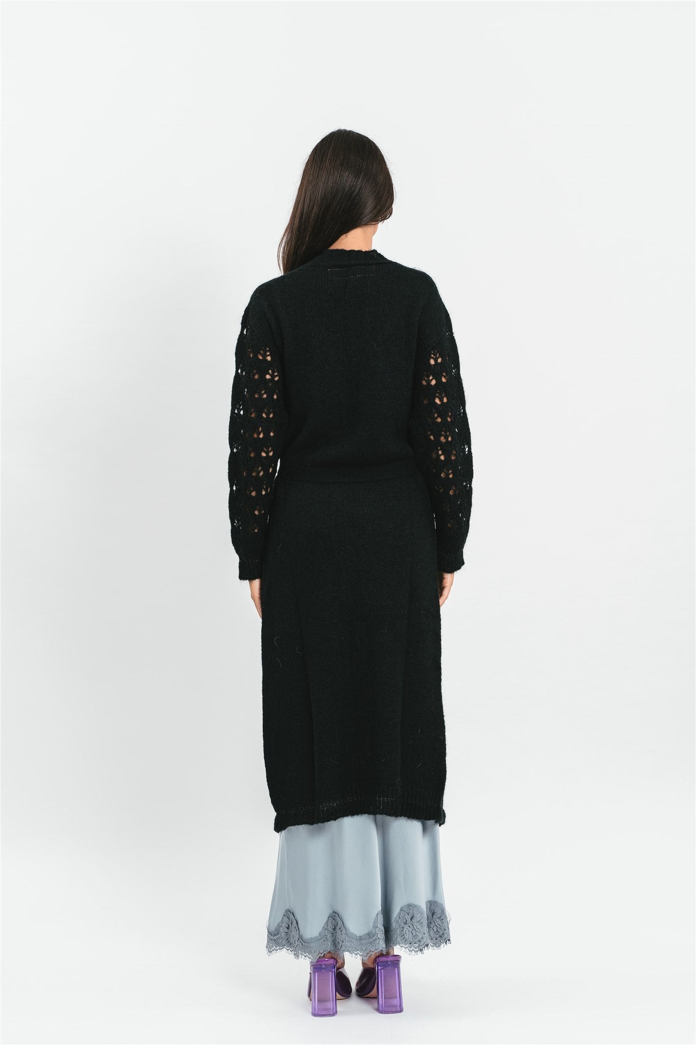 Long cardigan with perforated sleeves