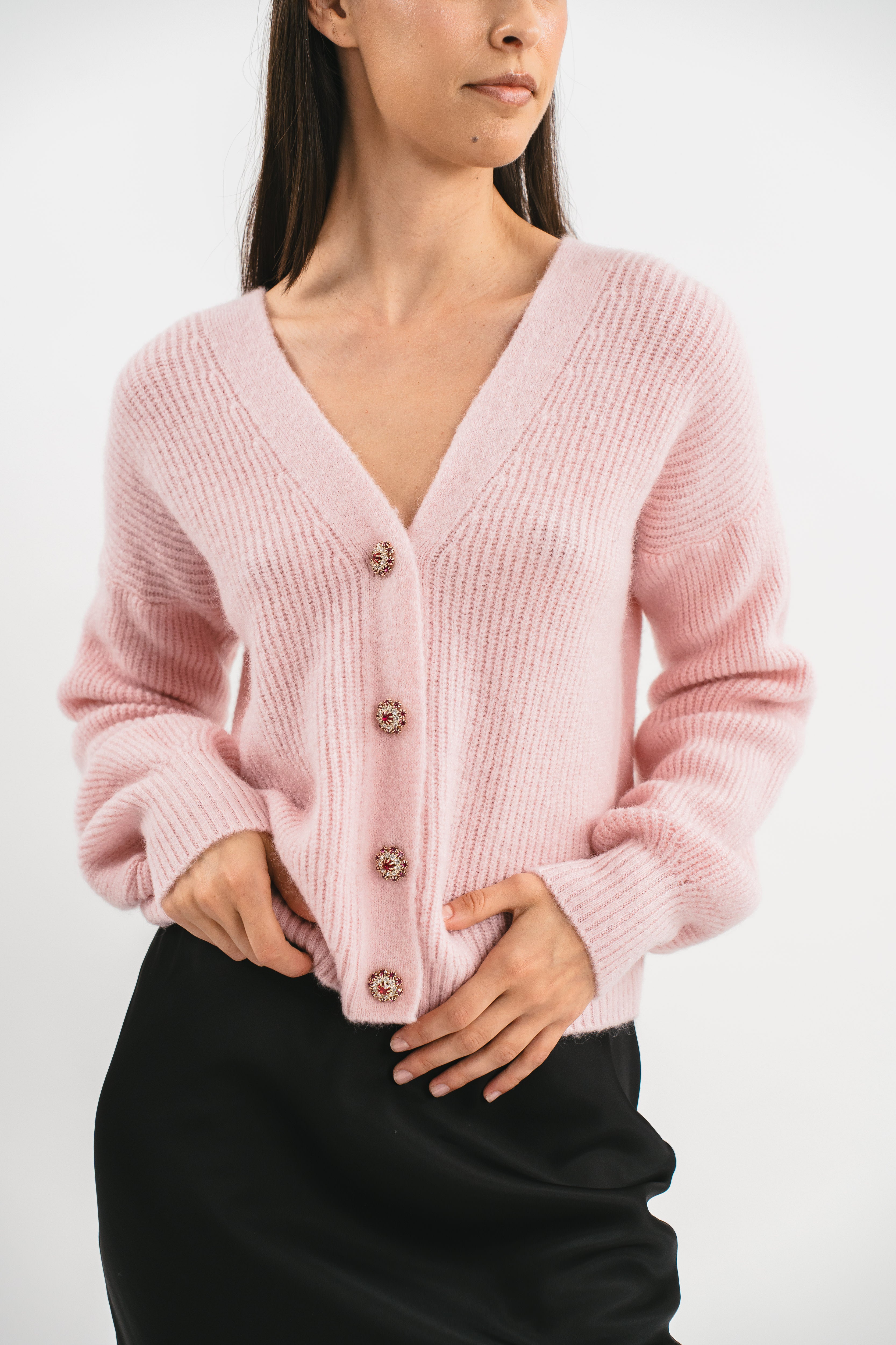 Cardigan crop con bottoni gioiello