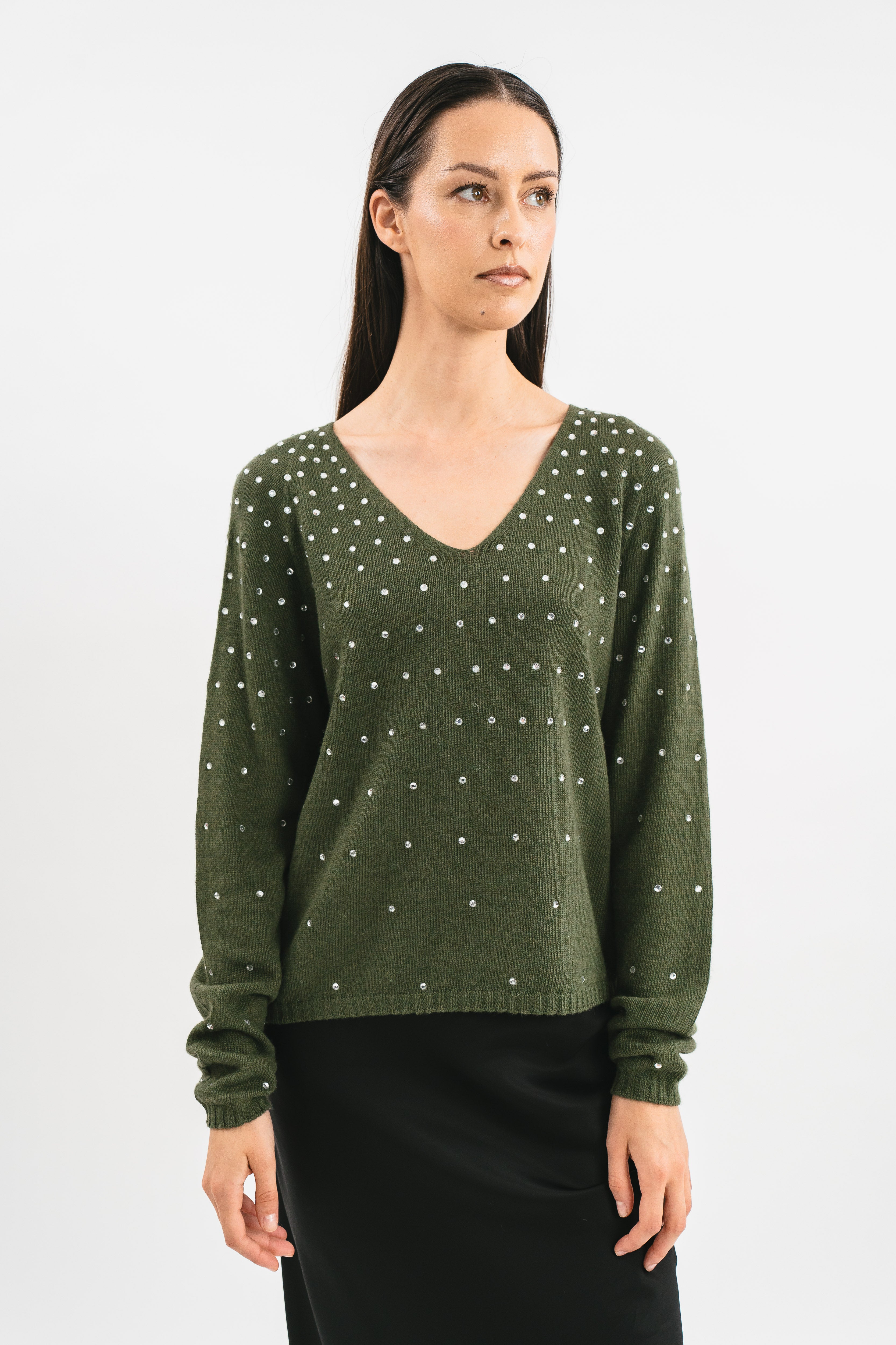 V-neck sweater with rhinestones