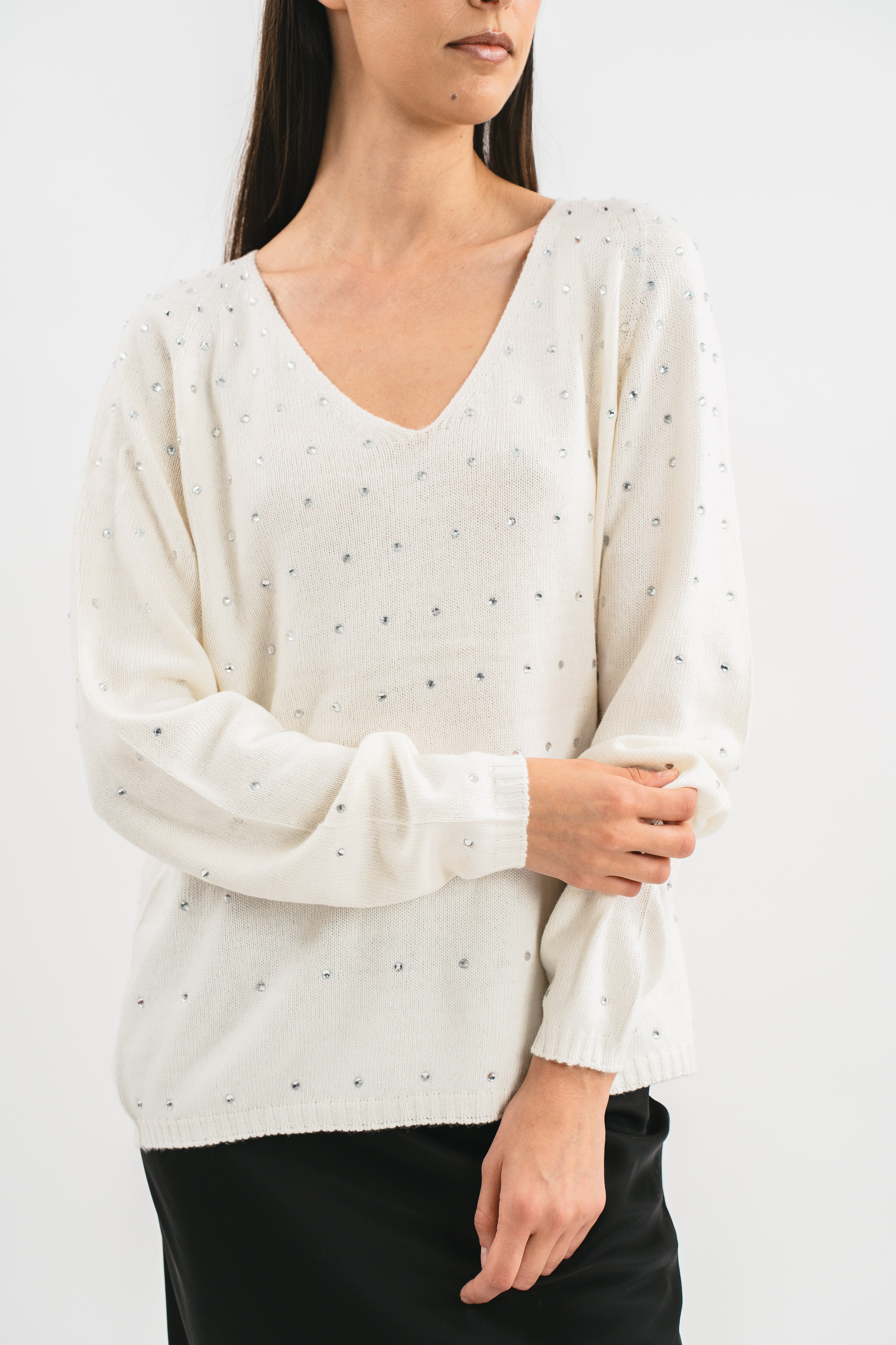 V-neck sweater with rhinestones