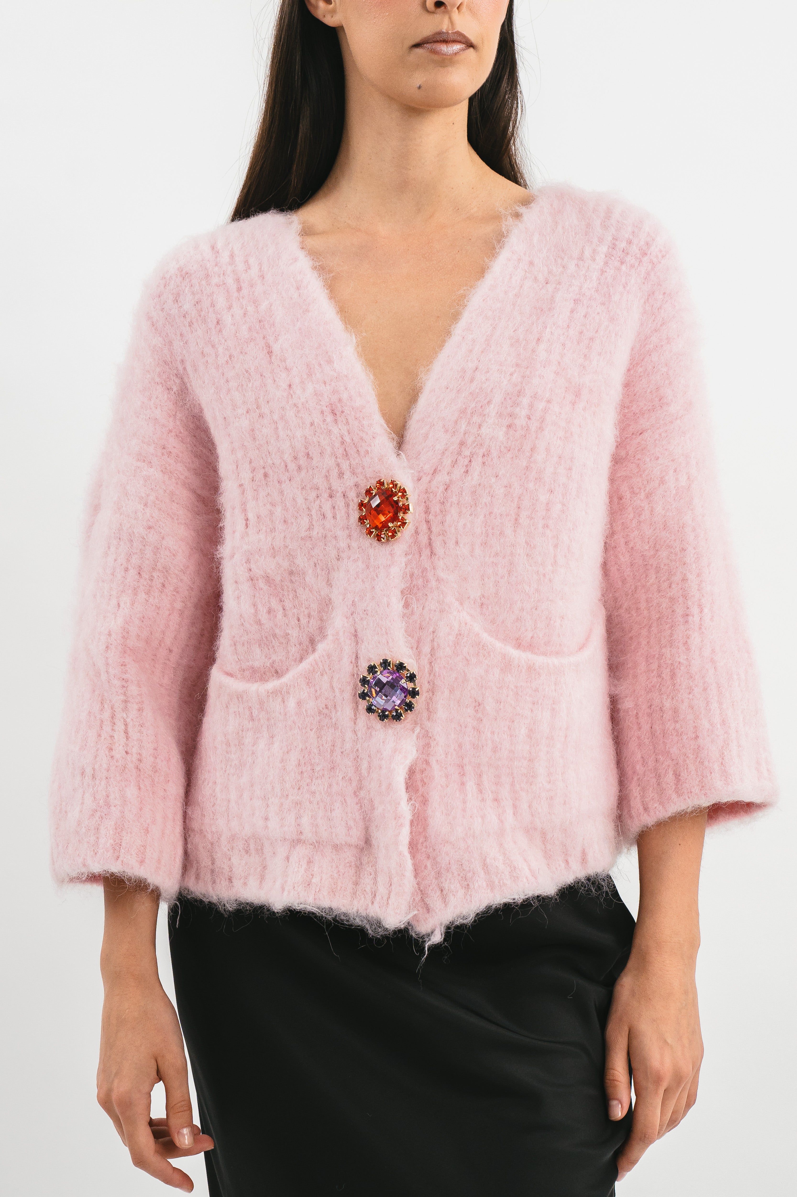 Oversized cardigan with pockets and jewel pins