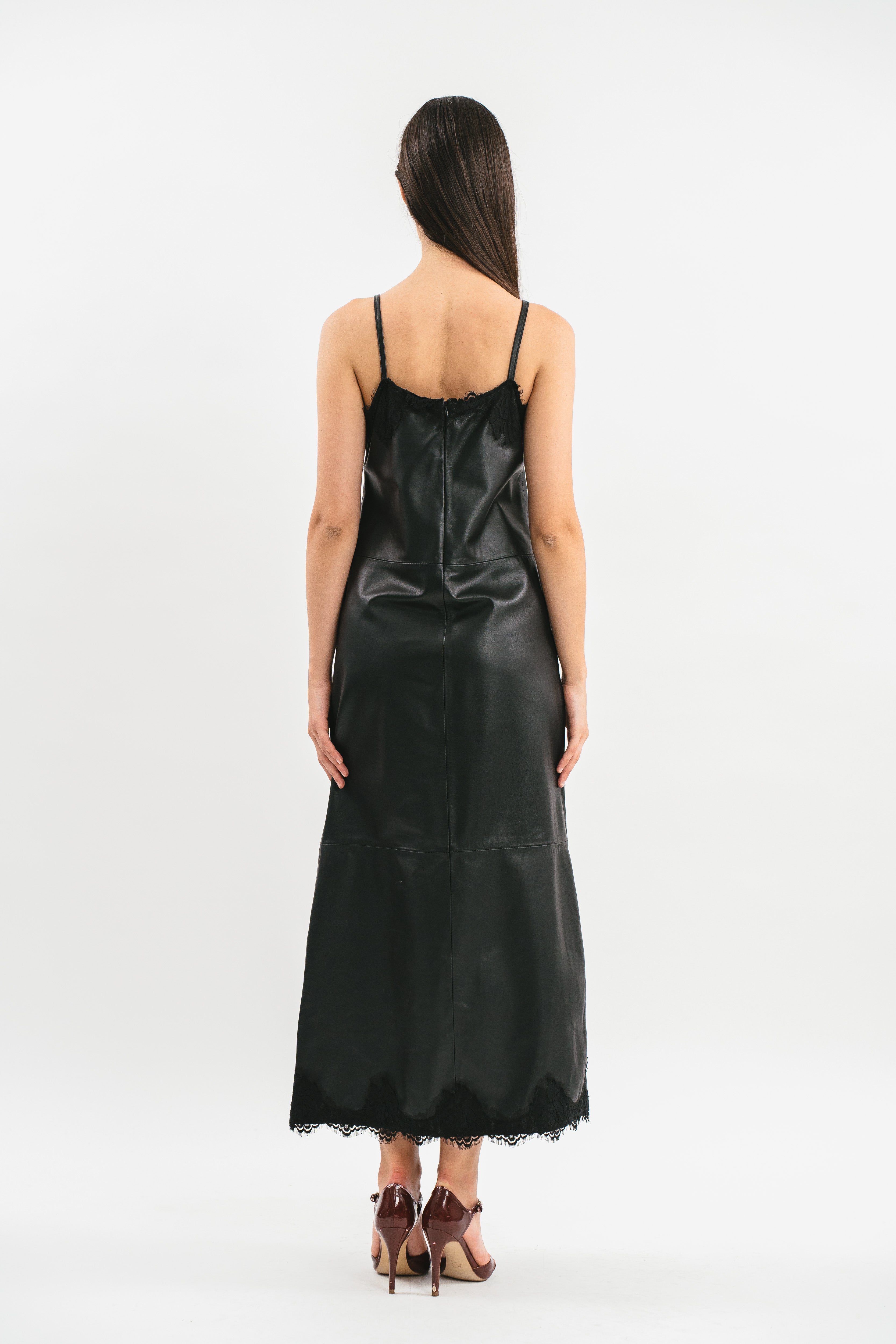 Leather slip dress with lace