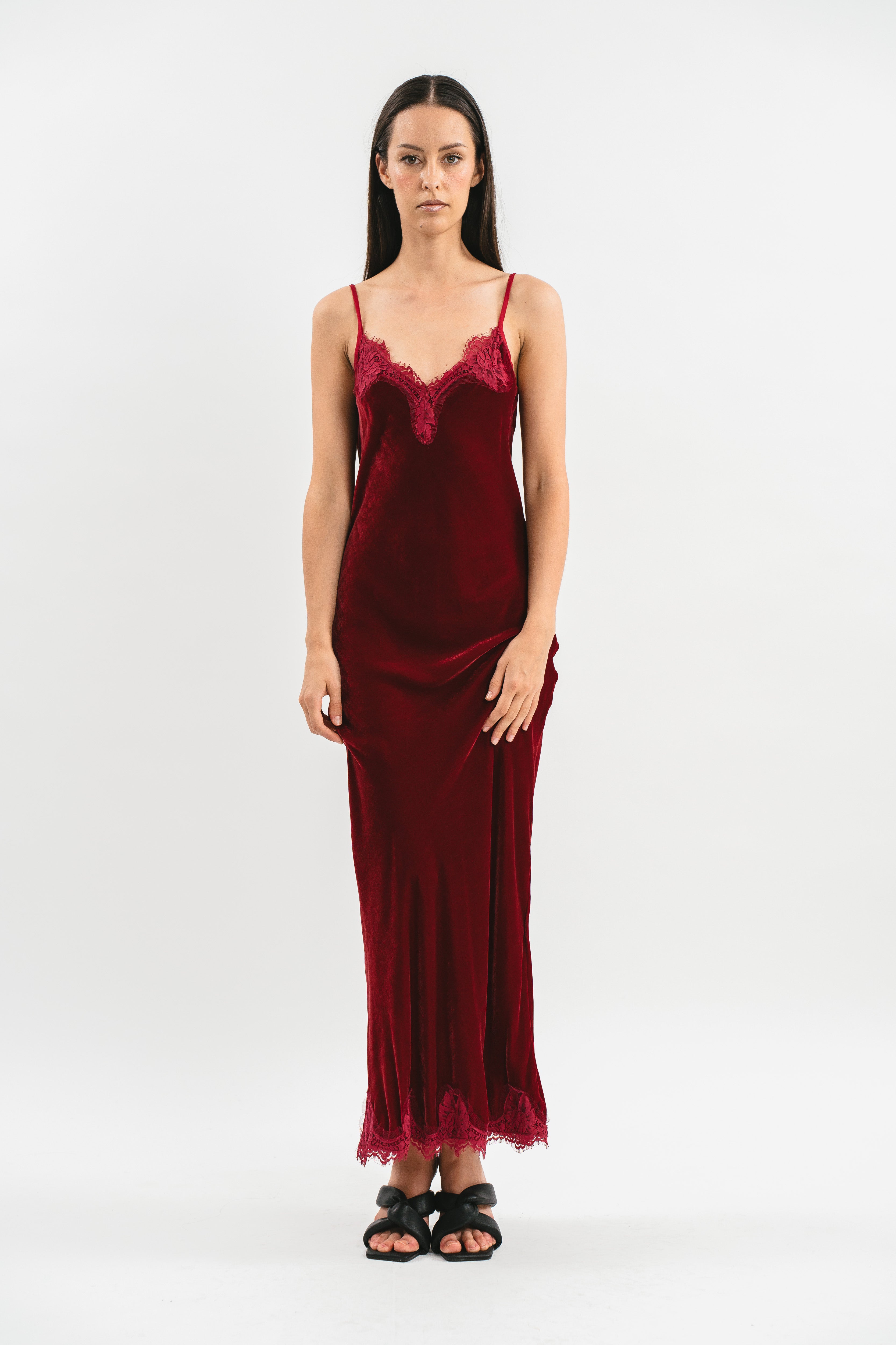 Slip dress in velluto con pizzo bordeaux Frontale