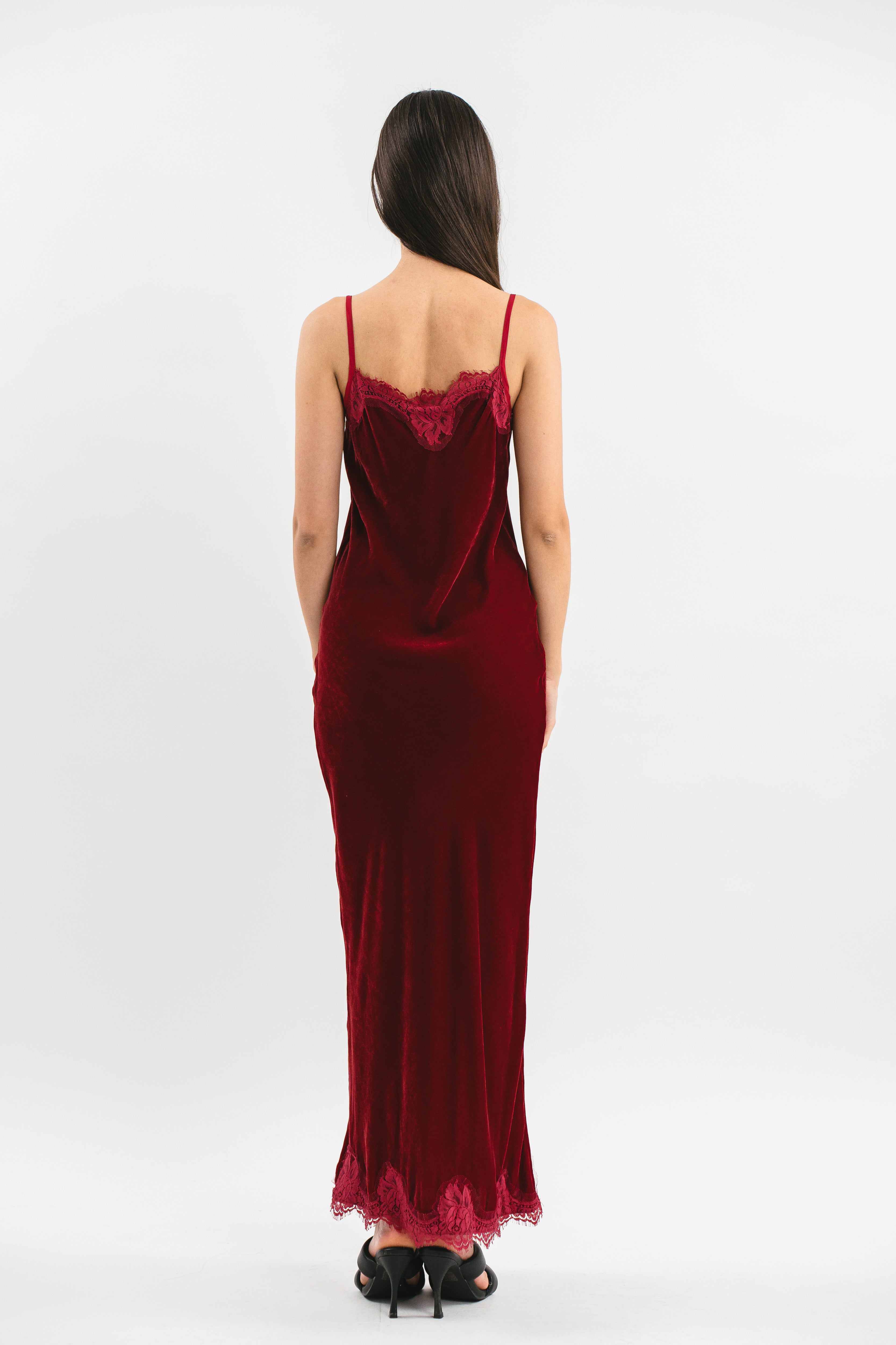 Slip dress in velluto con pizzo bordeaux Posteriore