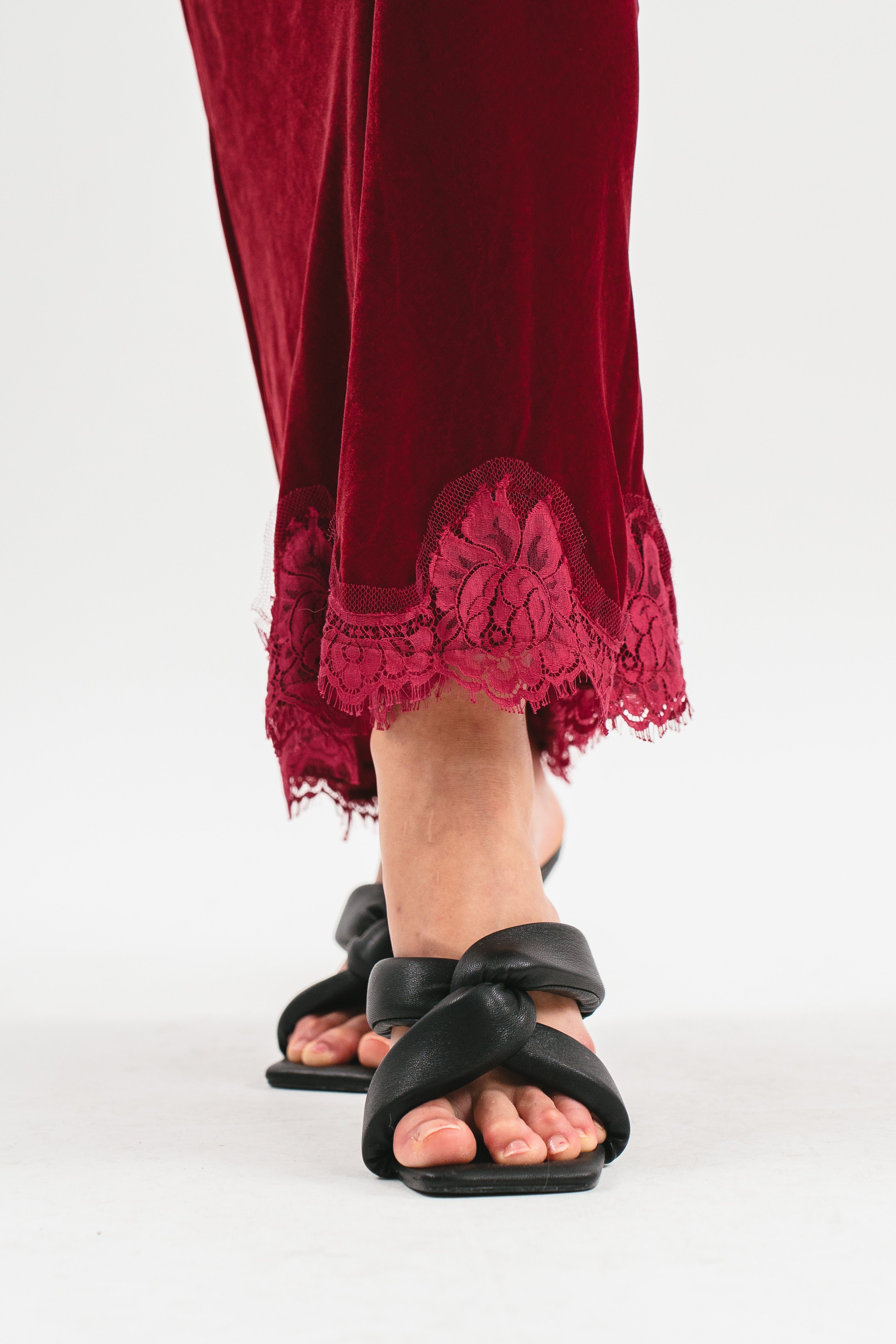 Velvet slip dress with lace