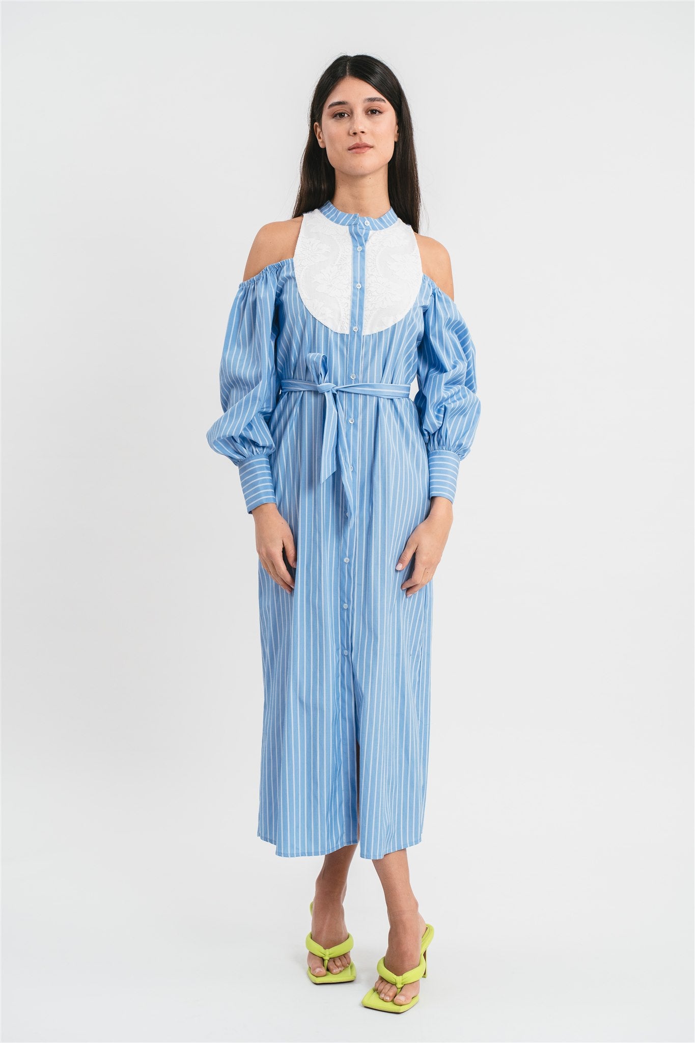 Striped shirt dress with lace plastron