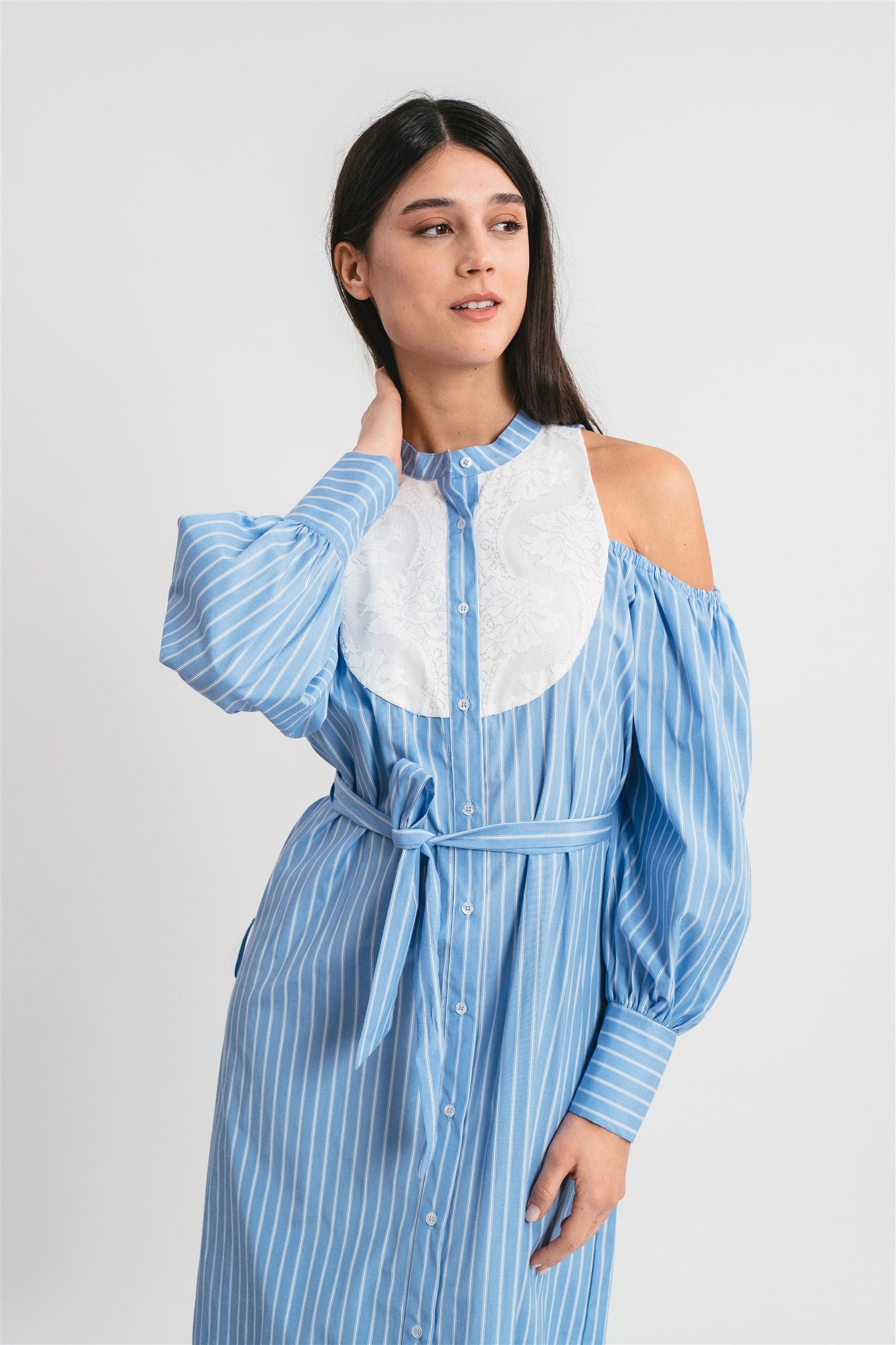 Striped shirt dress with lace plastron