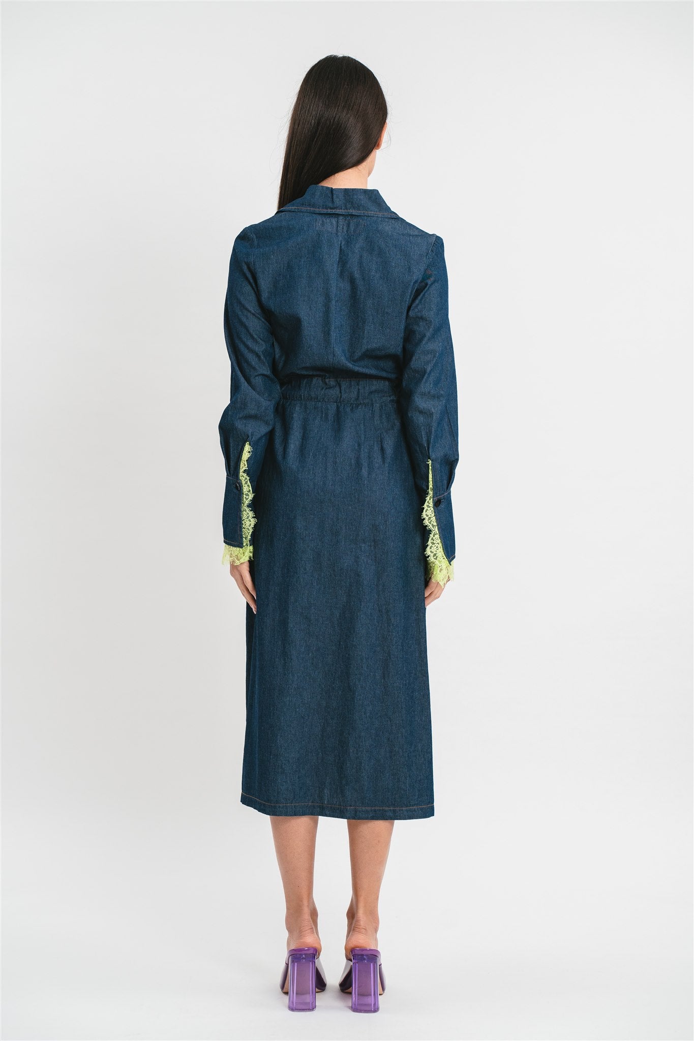 Lightweight denim chemisier dress with contrasting belt and lace