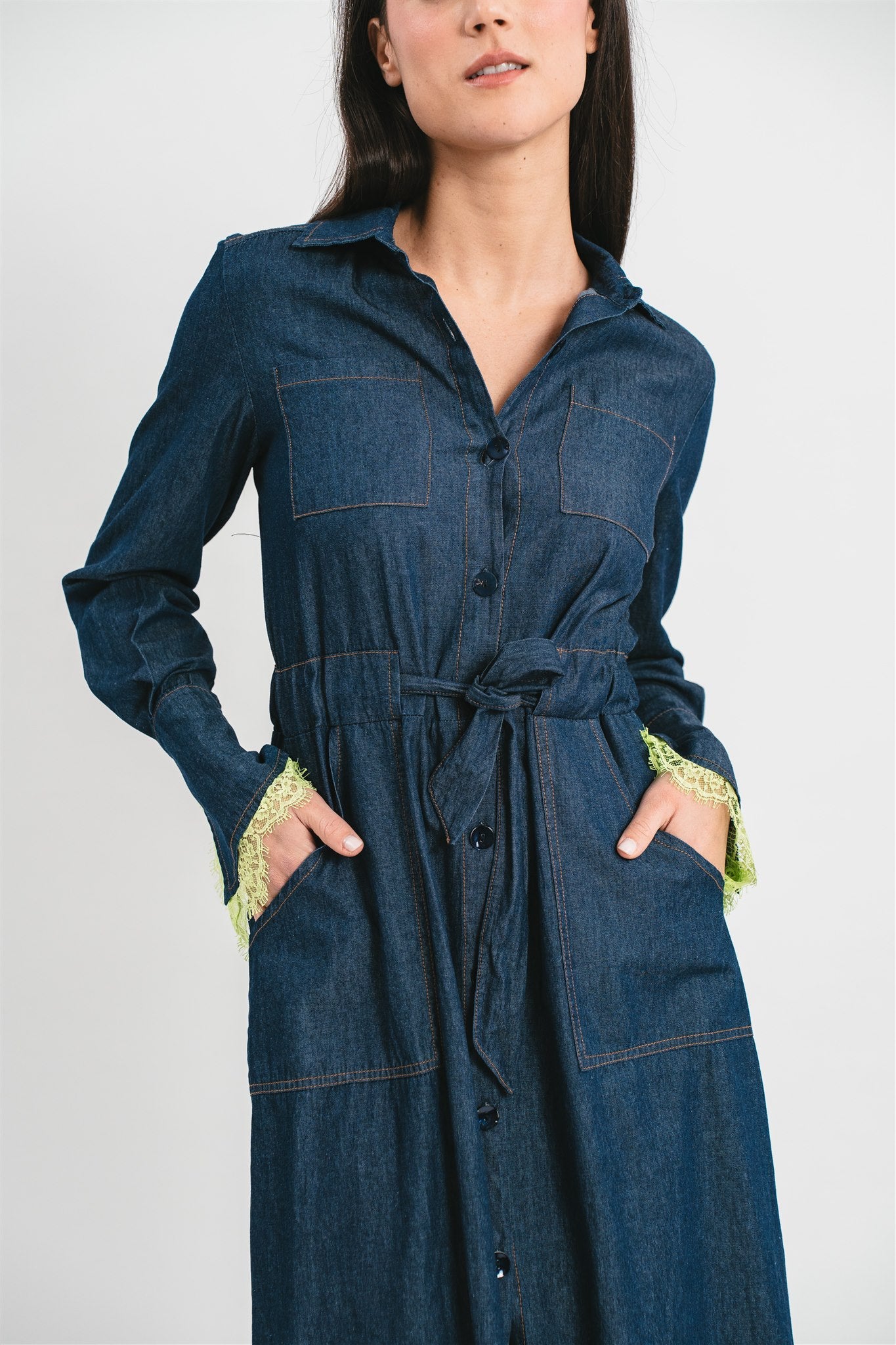 Lightweight denim chemisier dress with contrasting belt and lace