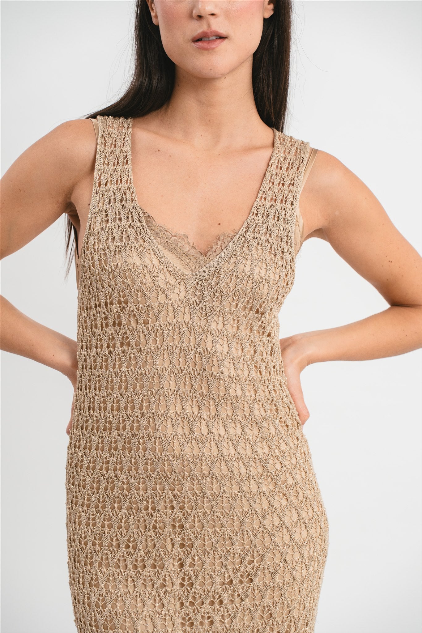 Sleeveless openwork dress with lurex thread