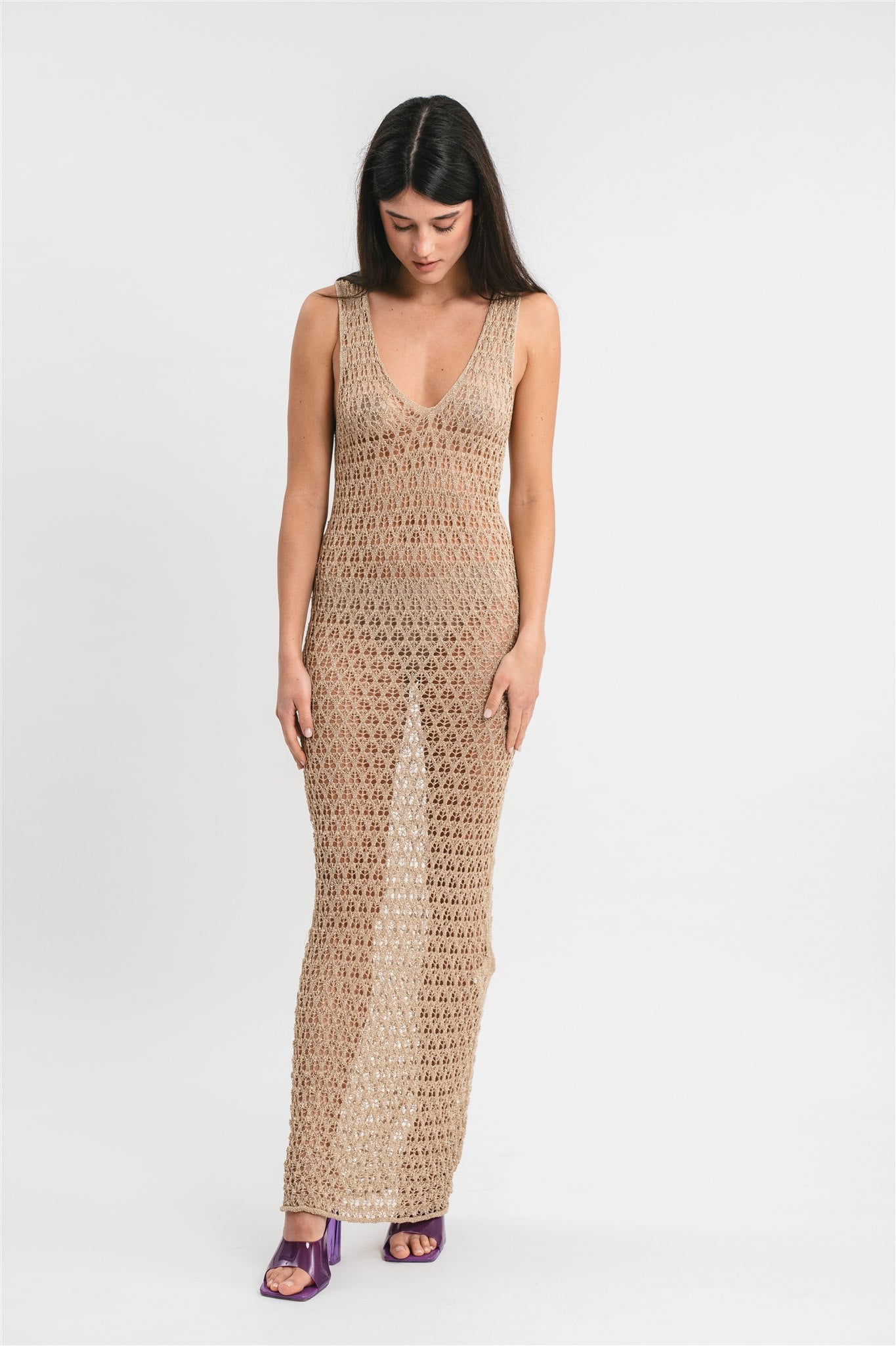 Sleeveless openwork dress with lurex thread