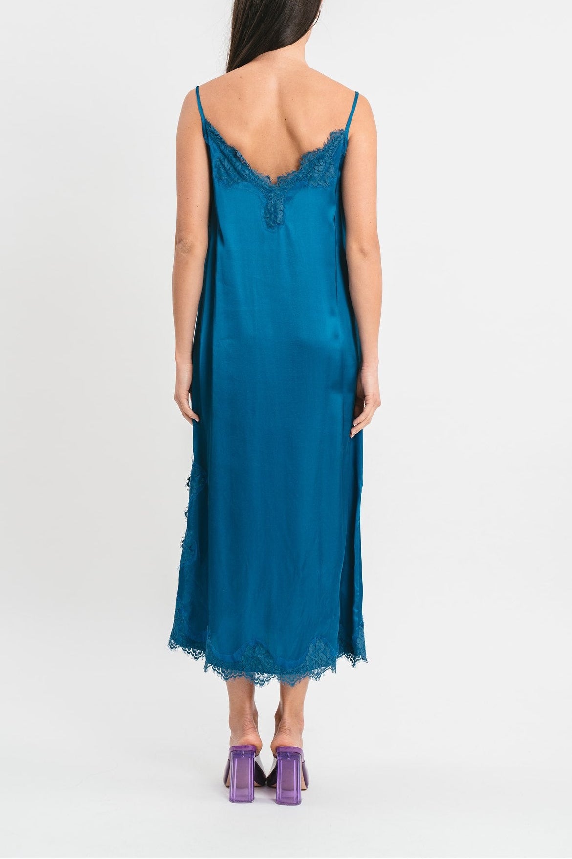 Slip dress longuette avio in viscosa satin elasticizzata con pregiato pizzo francese Posteriore