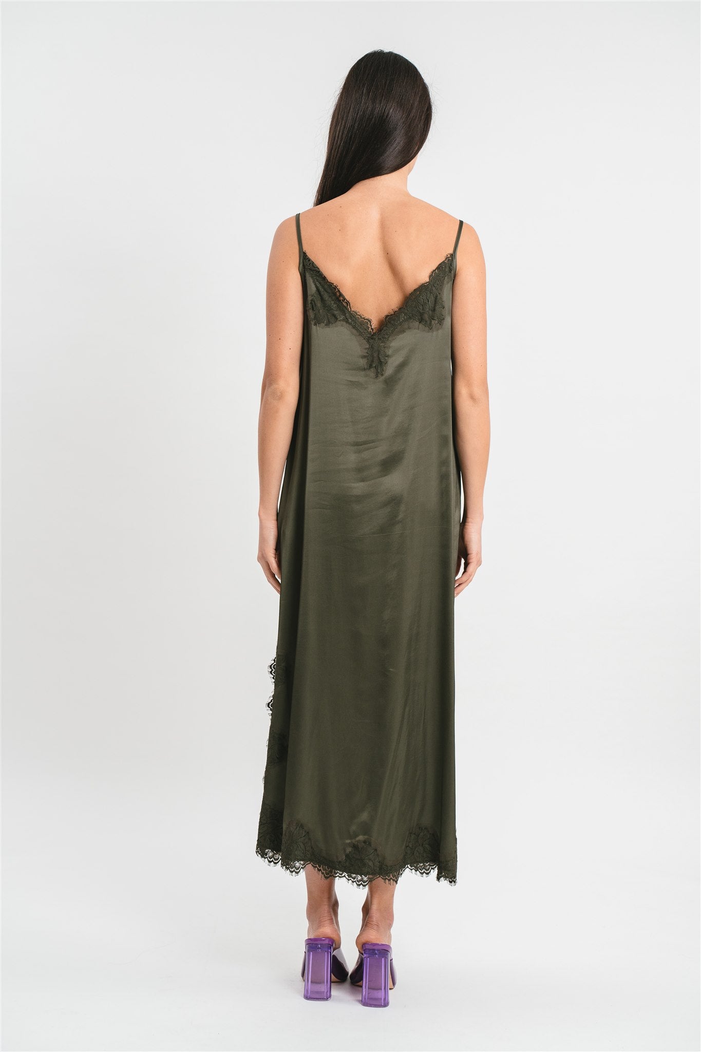 Slip dress with side slit and lace.