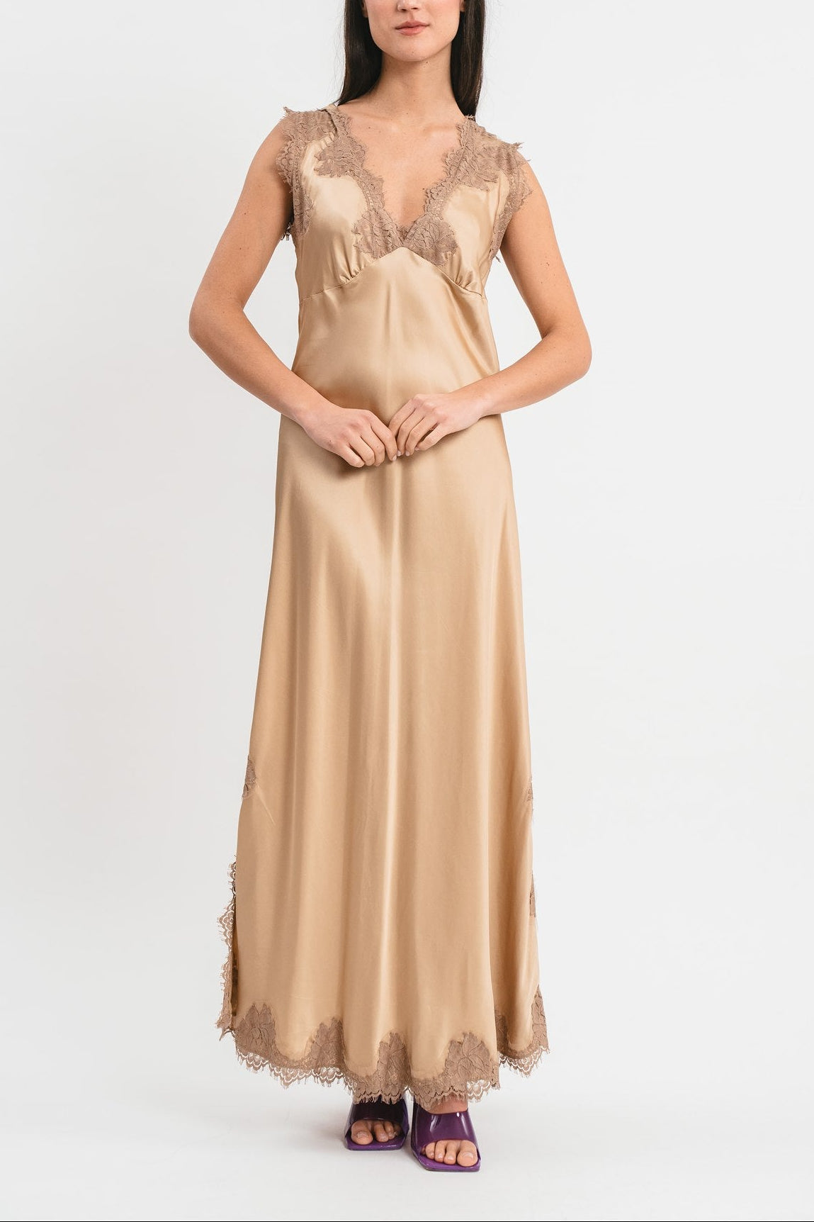 ANDREA WIDE SHOULDER SLIP DRESS IN VISCOSE WITH LACE