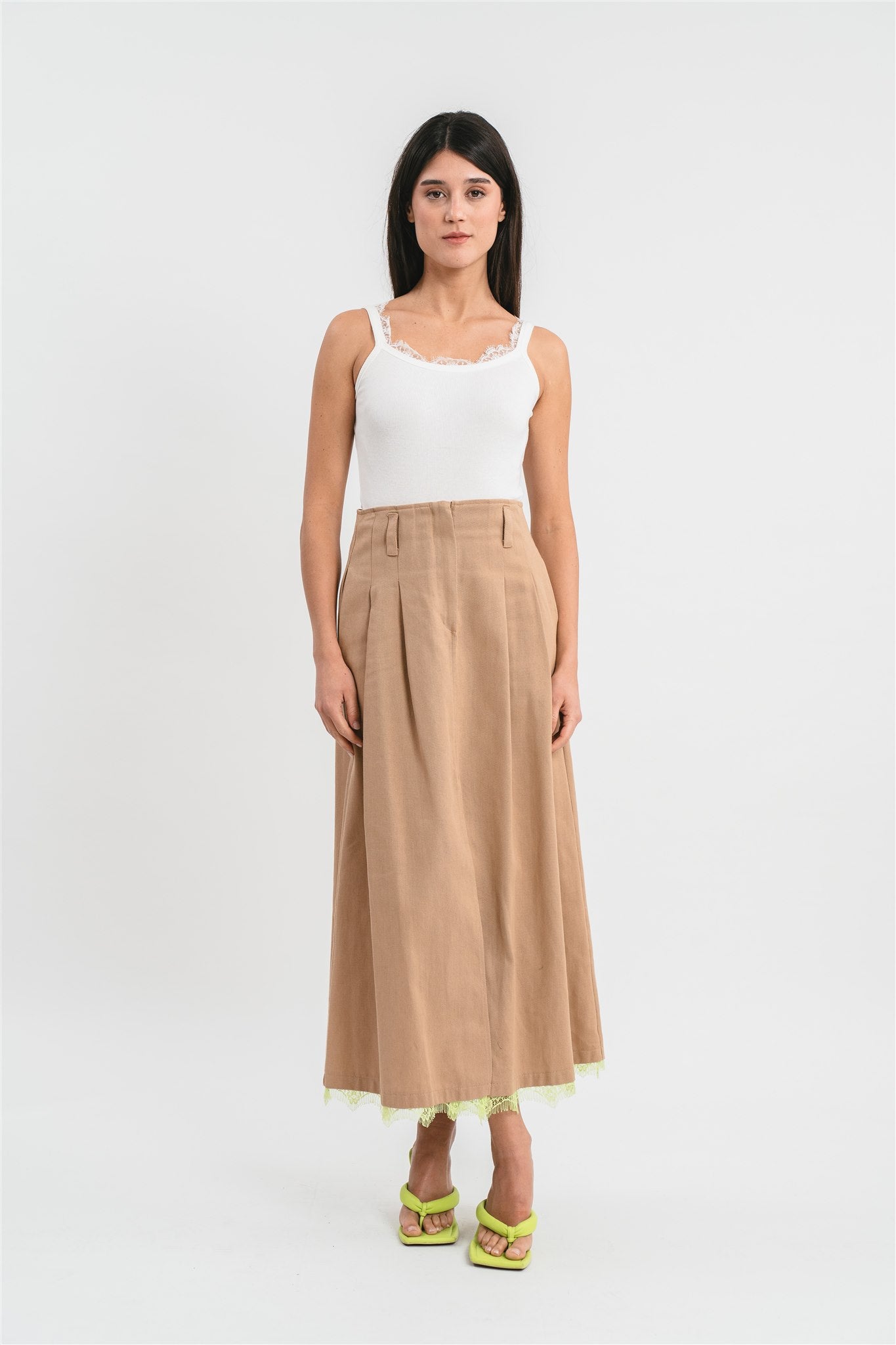 Long skirt with slit and contrasting lace details