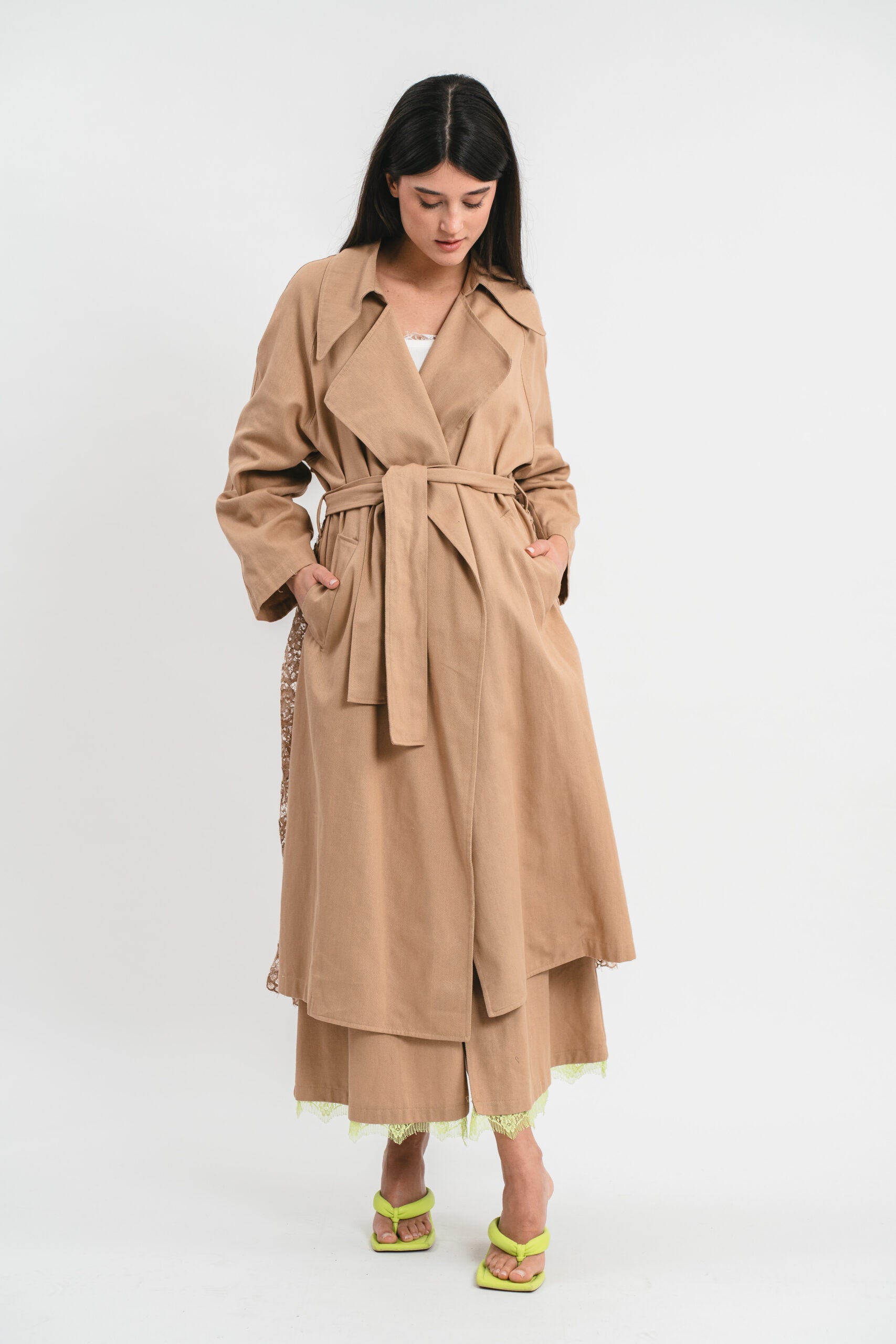 Long trench coat with pleated lace details