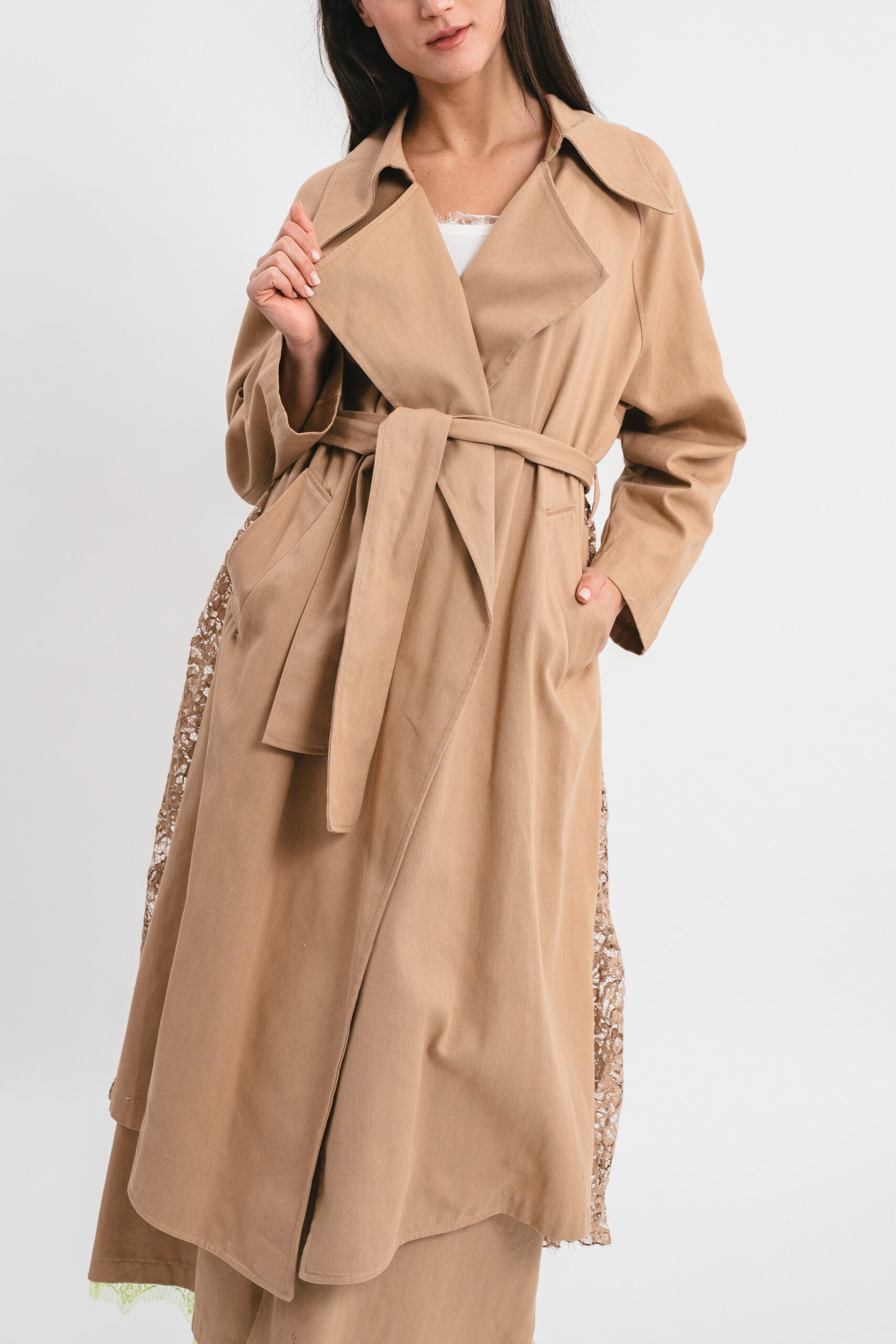 Long trench coat with pleated lace details