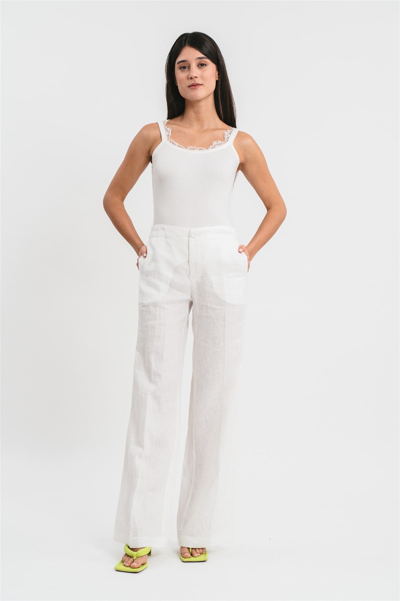 Linen palazzo trousers with jewel button