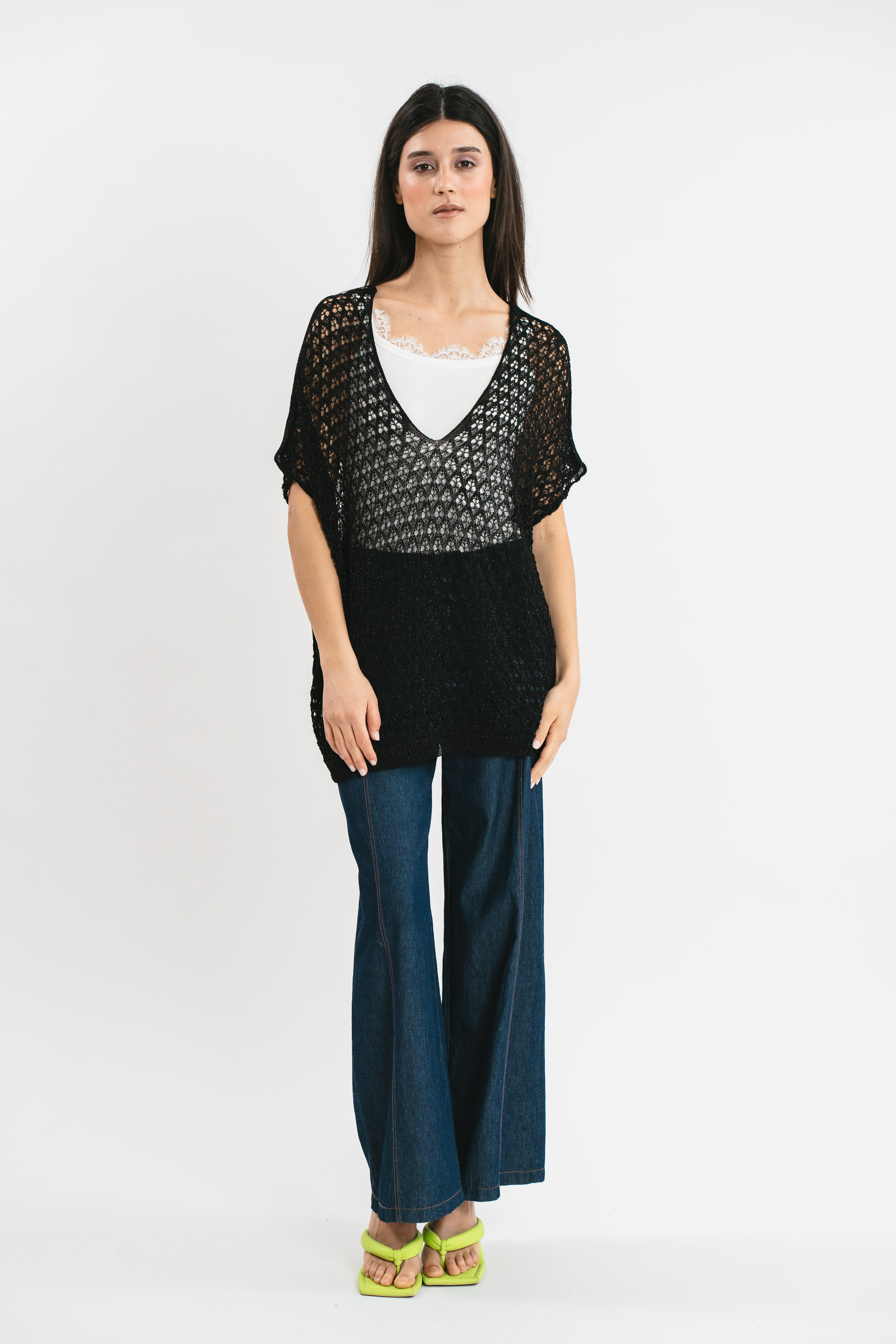 Perforated kimono sweater with lurex thread