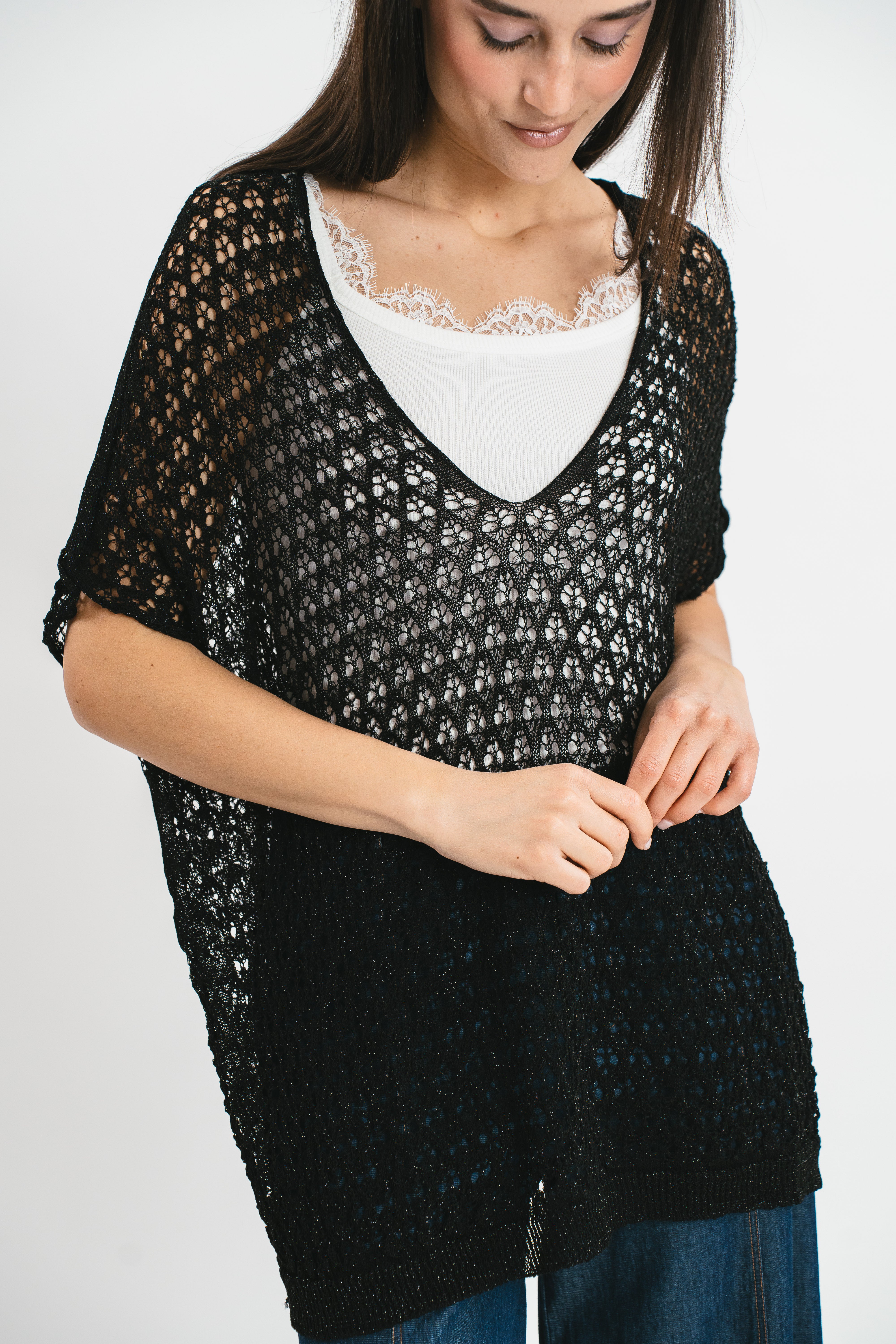 Perforated kimono sweater with lurex thread