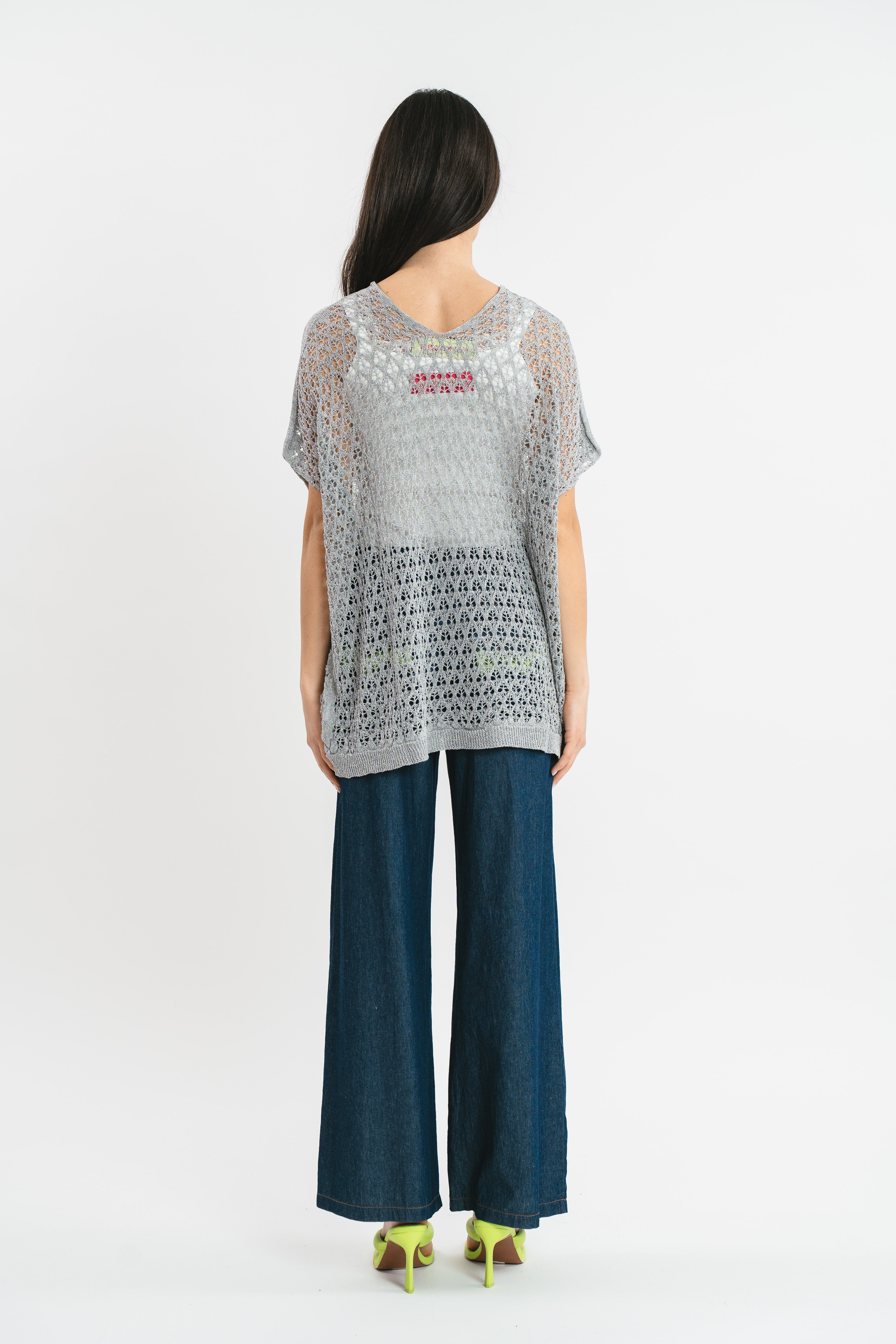 Perforated kimono sweater with lurex thread