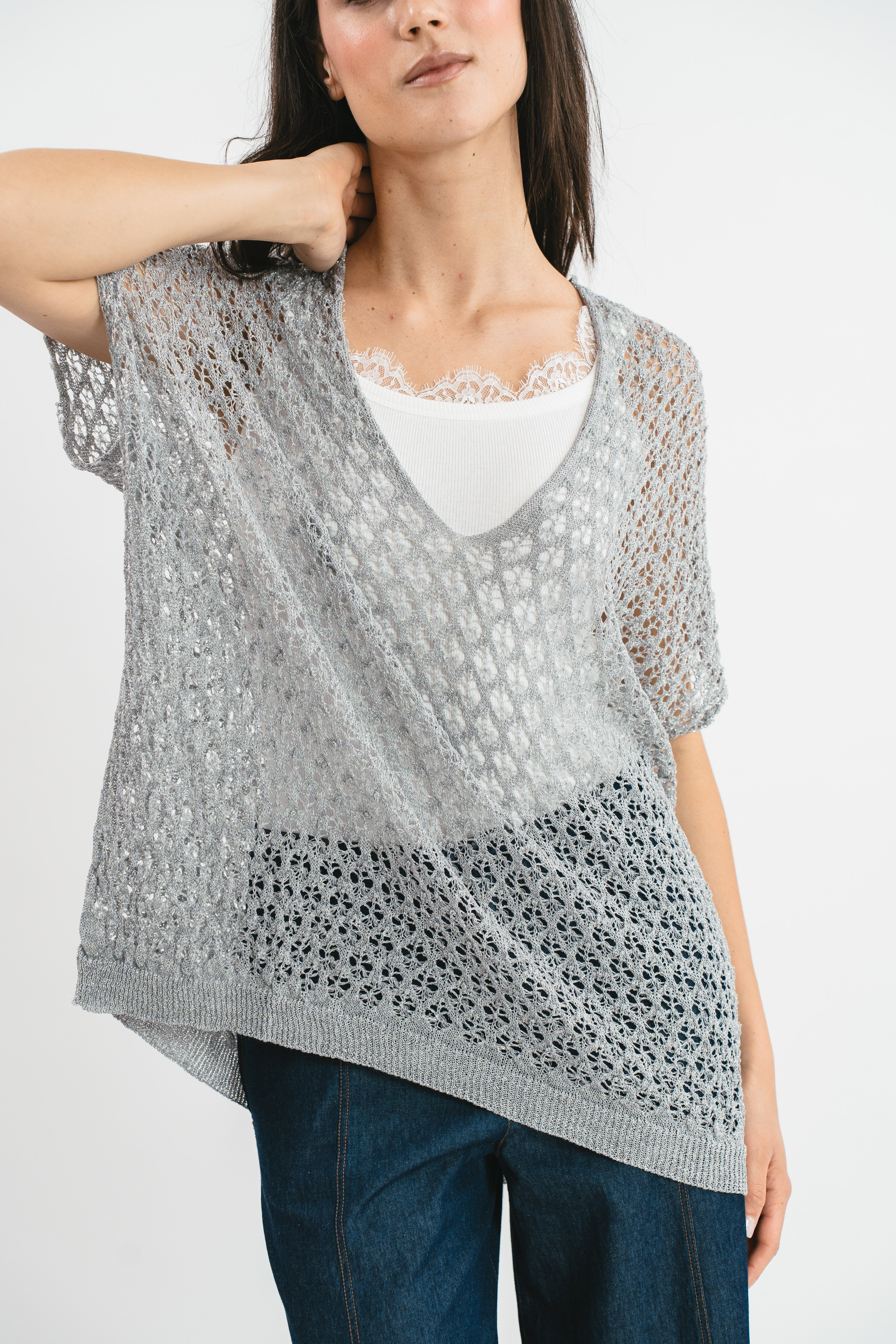 Perforated kimono sweater with lurex thread