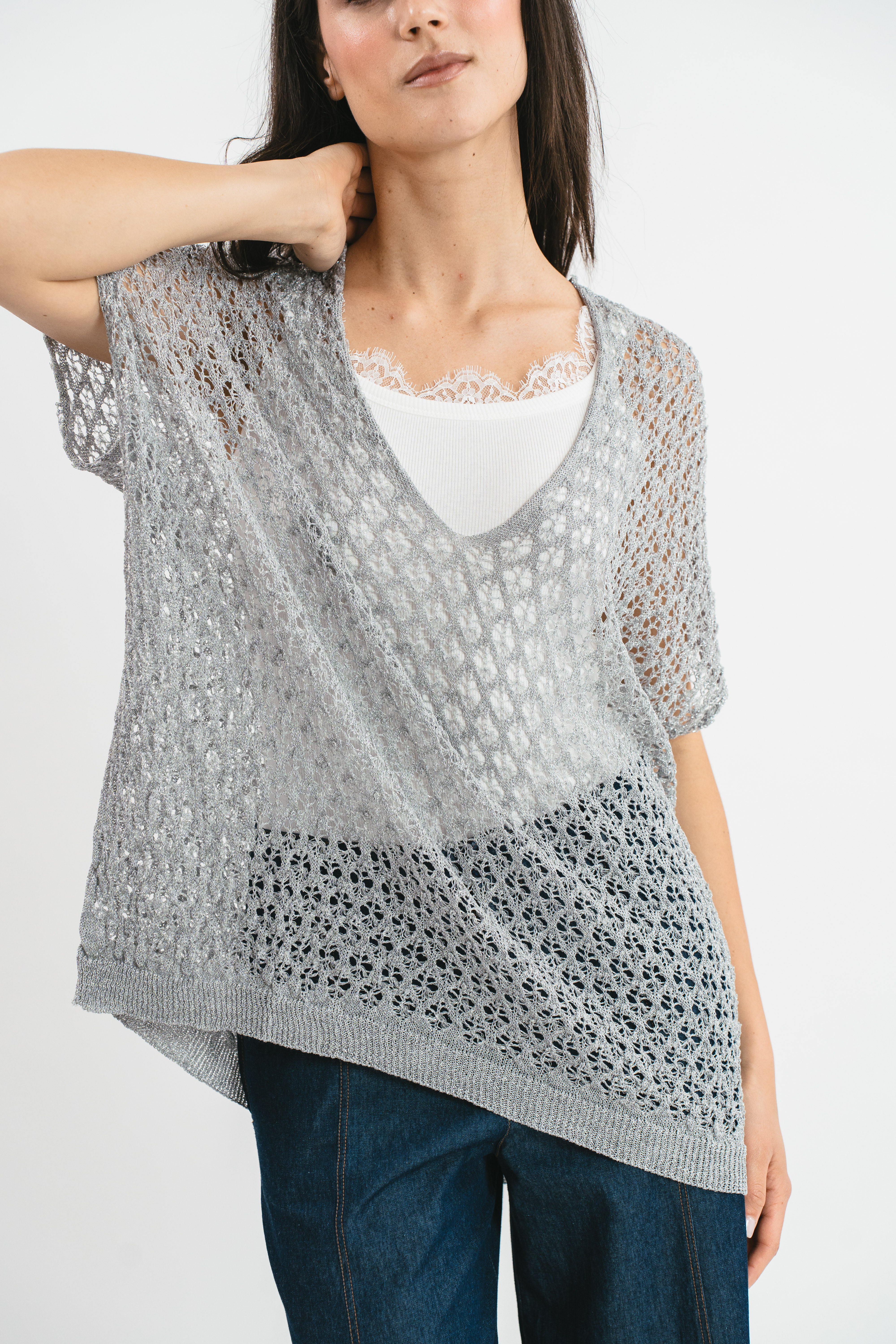 Maglia kimono traforata con filo lurex