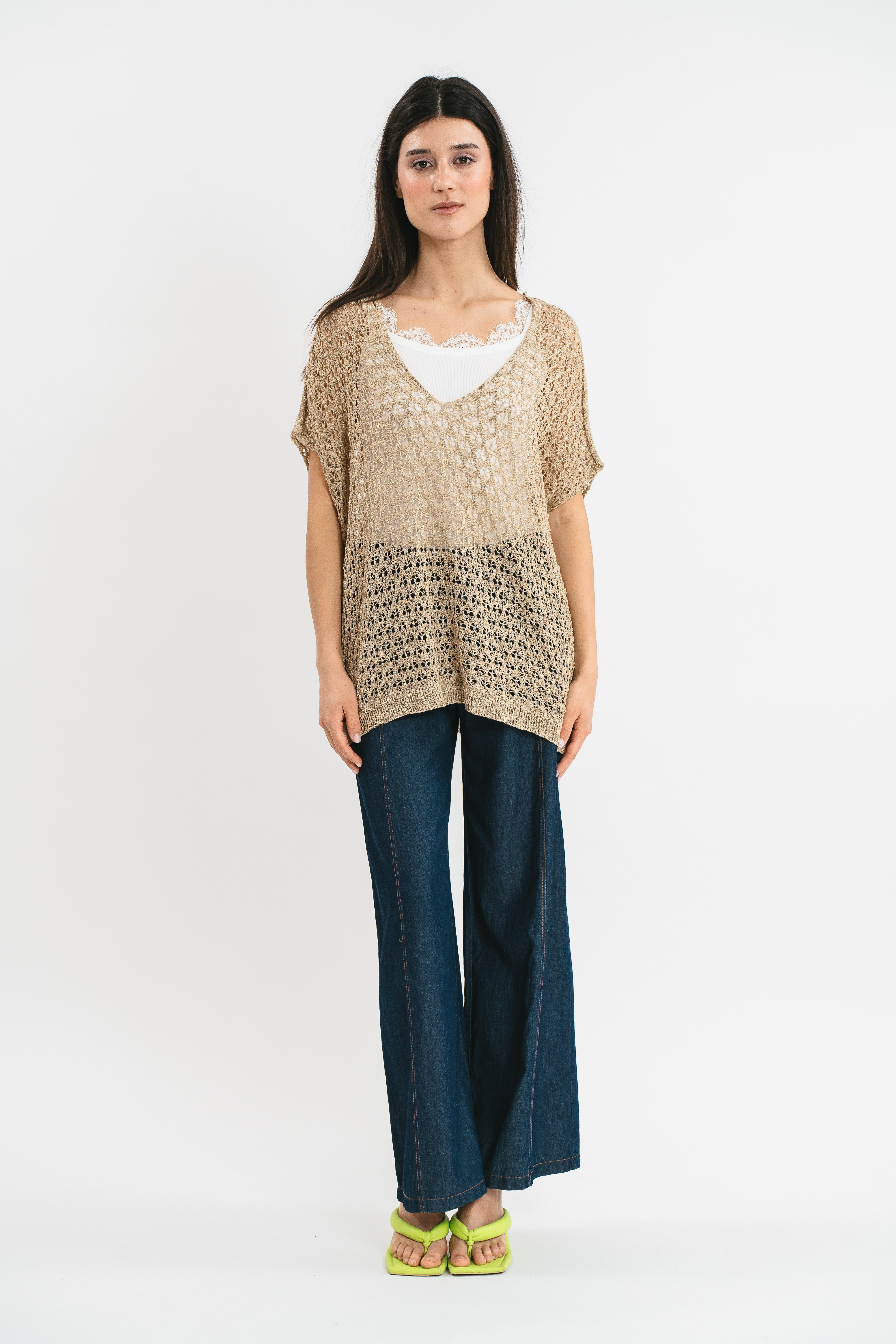 Perforated kimono sweater with lurex thread