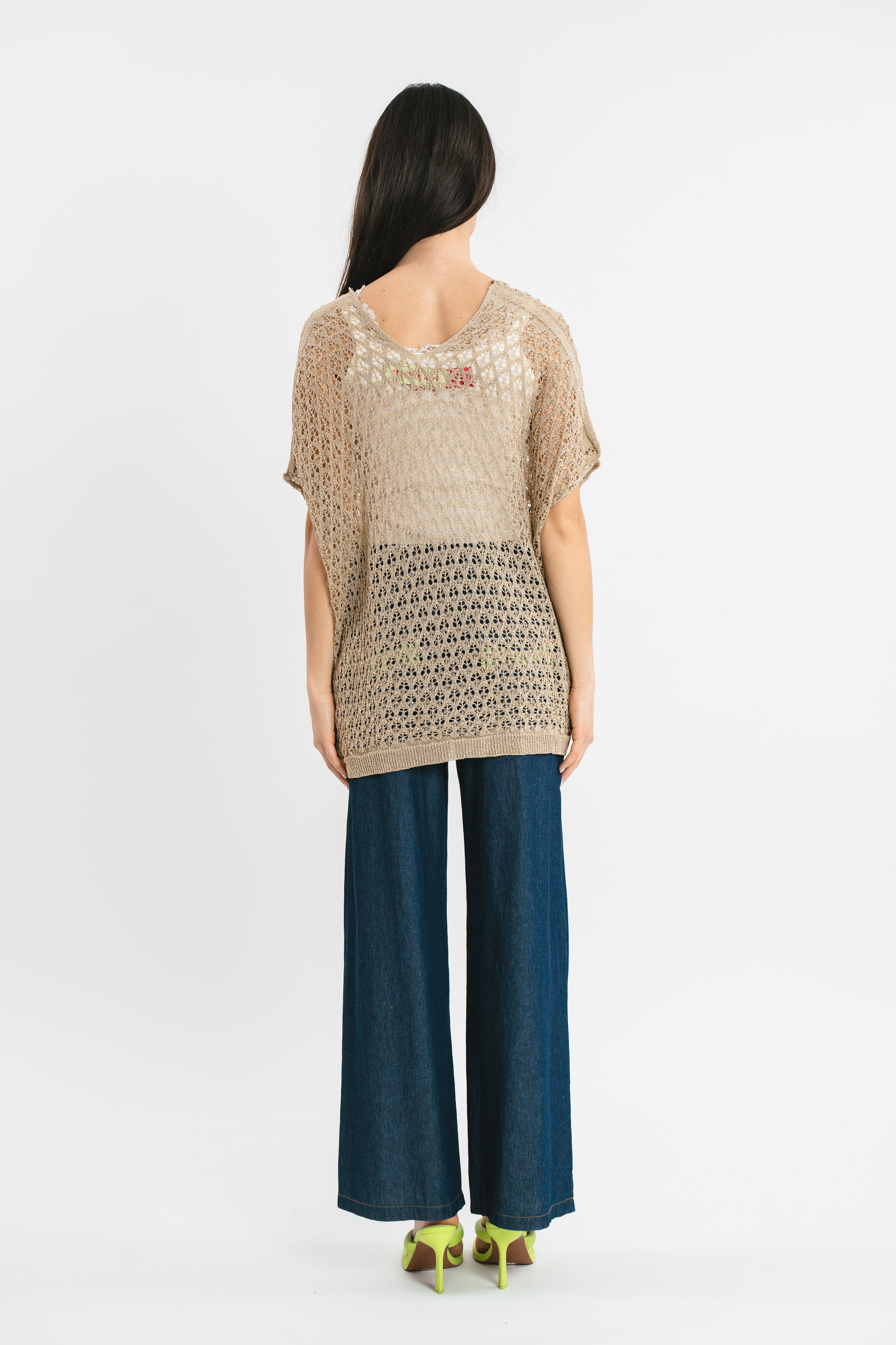 Perforated kimono sweater with lurex thread