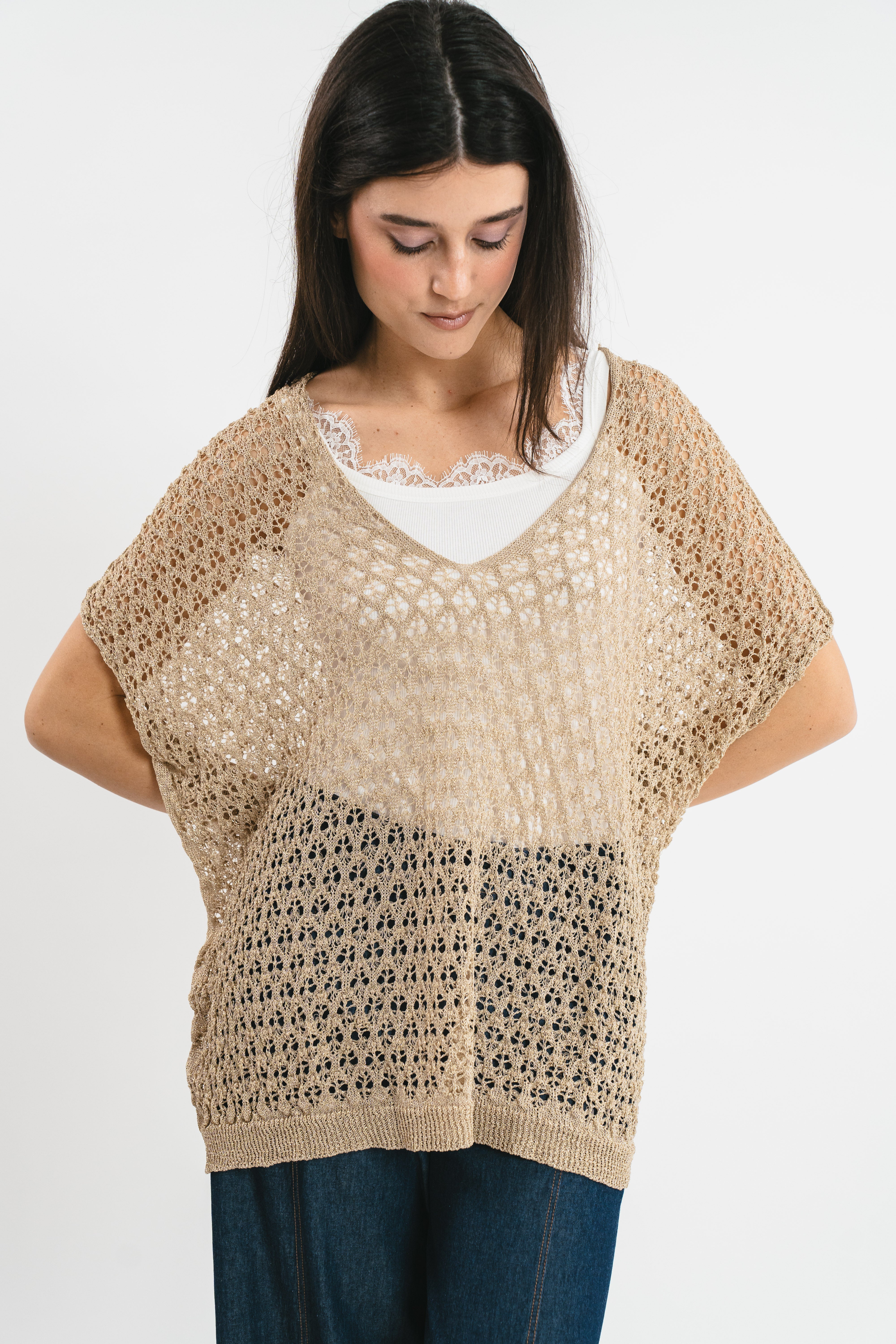 Perforated kimono sweater with lurex thread