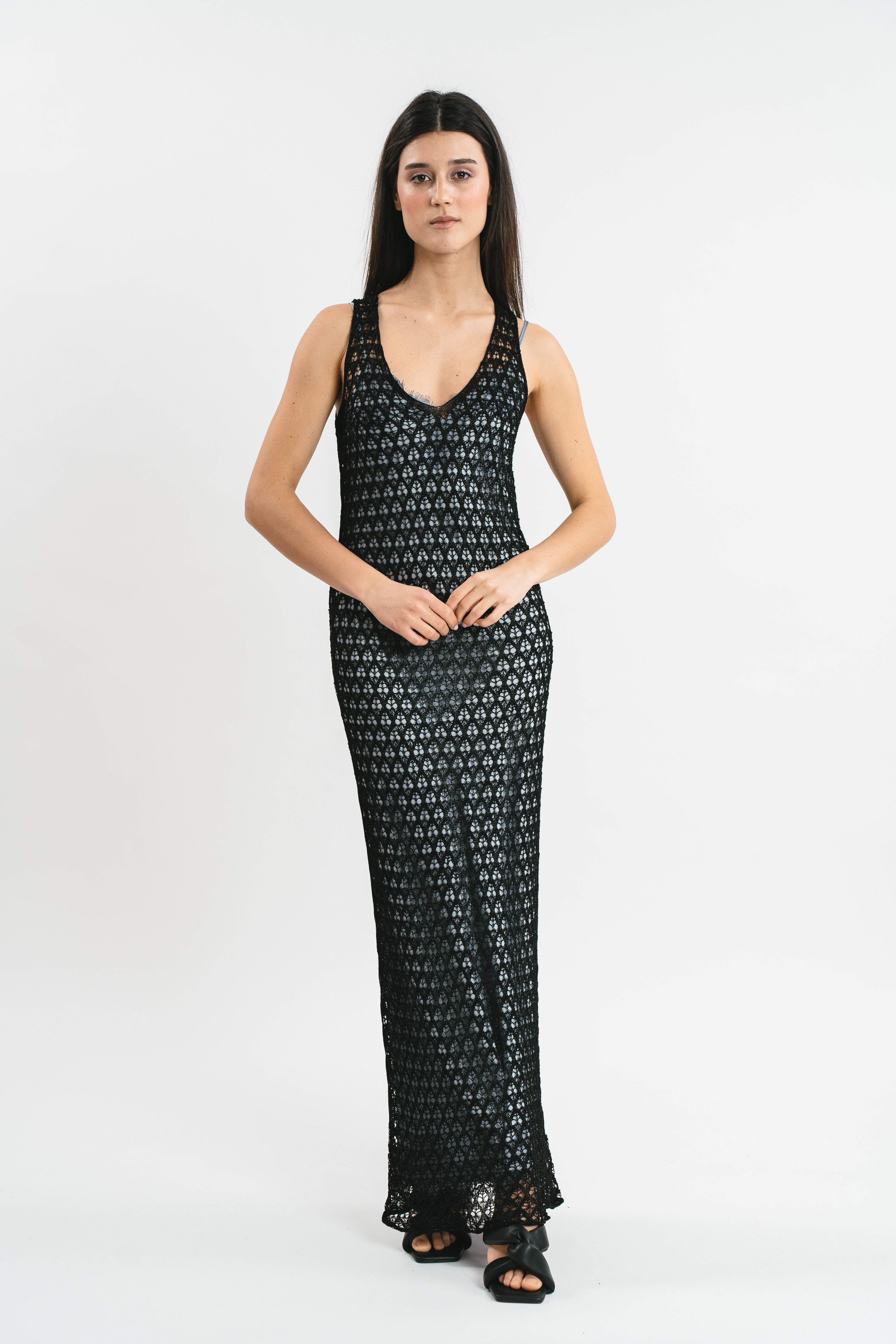 Sleeveless openwork dress with lurex thread