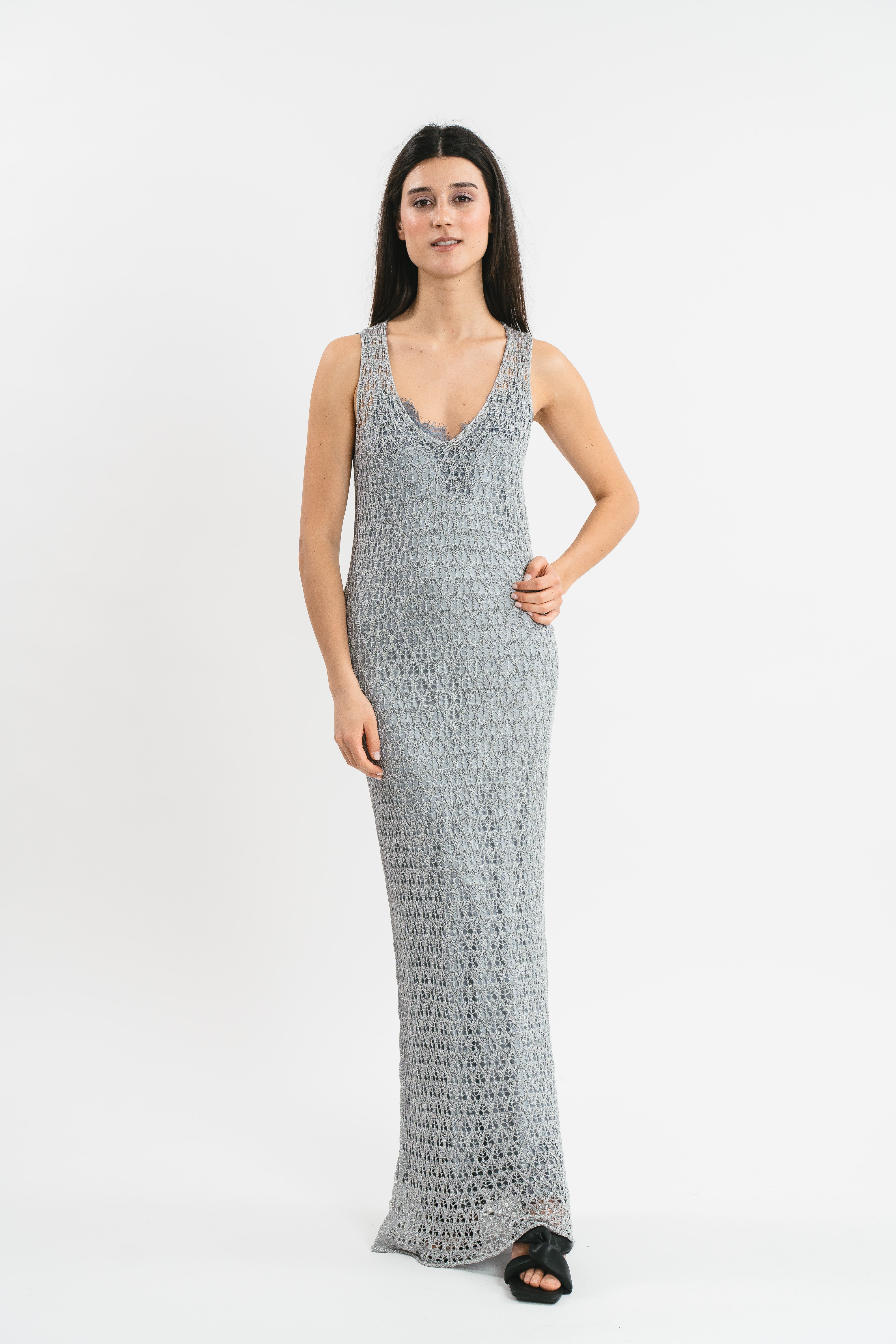 Sleeveless openwork dress with lurex thread